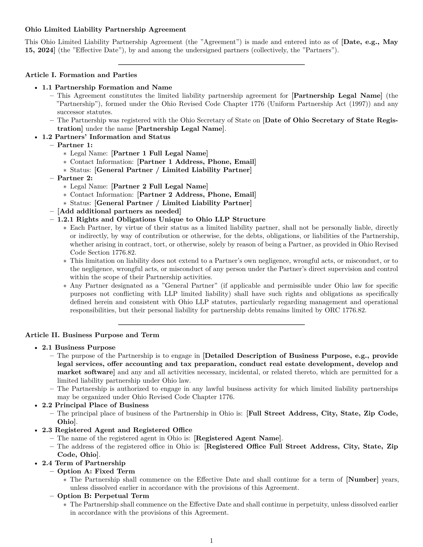 Preview page 1 of Pro Ohio limited liability partnership agreement template