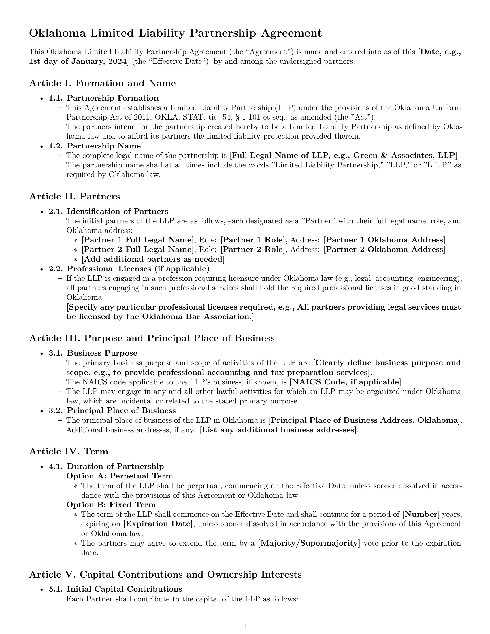Preview page 1 of Pro Oklahoma limited liability partnership agreement template