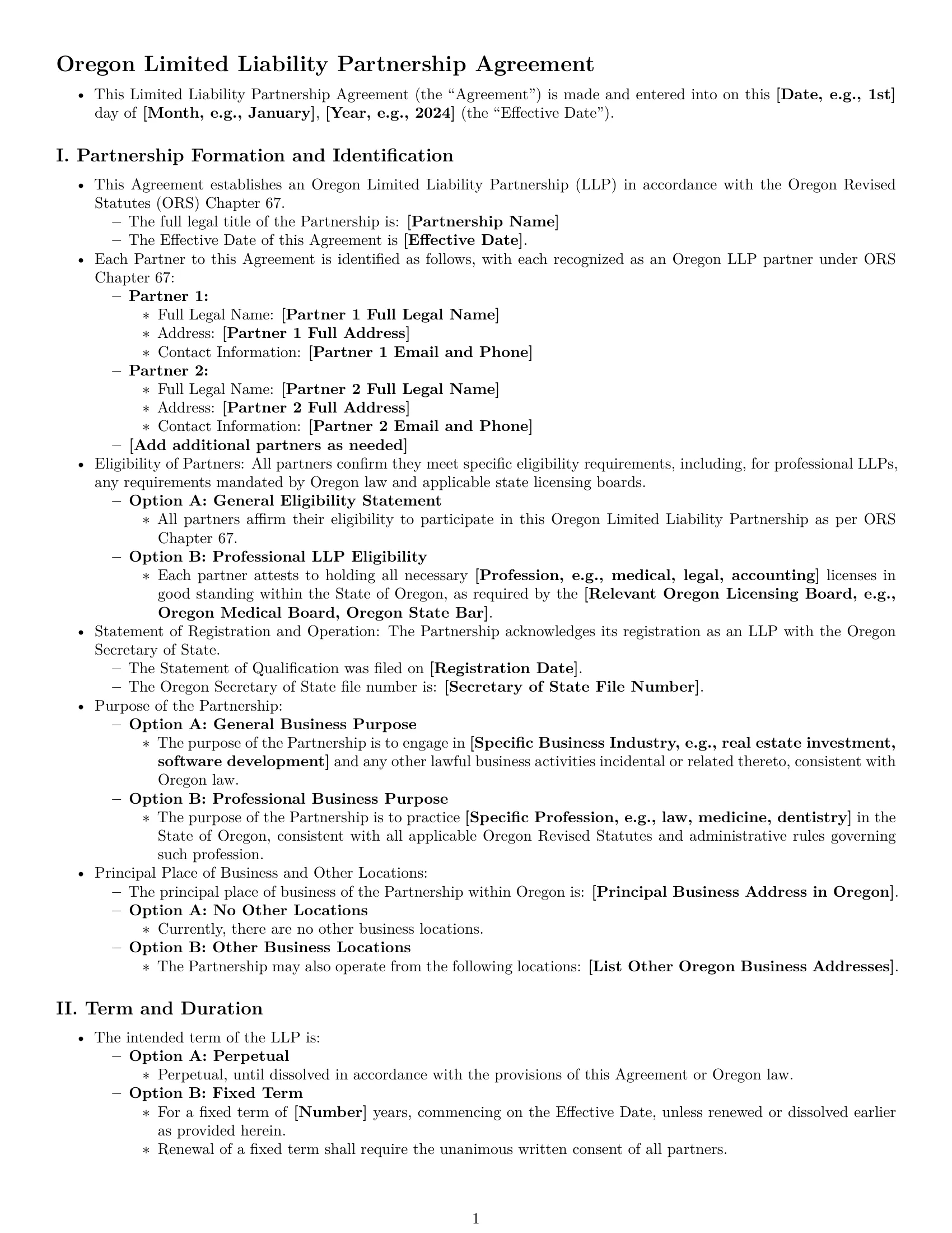 Preview page 1 of Pro Oregon limited liability partnership agreement template