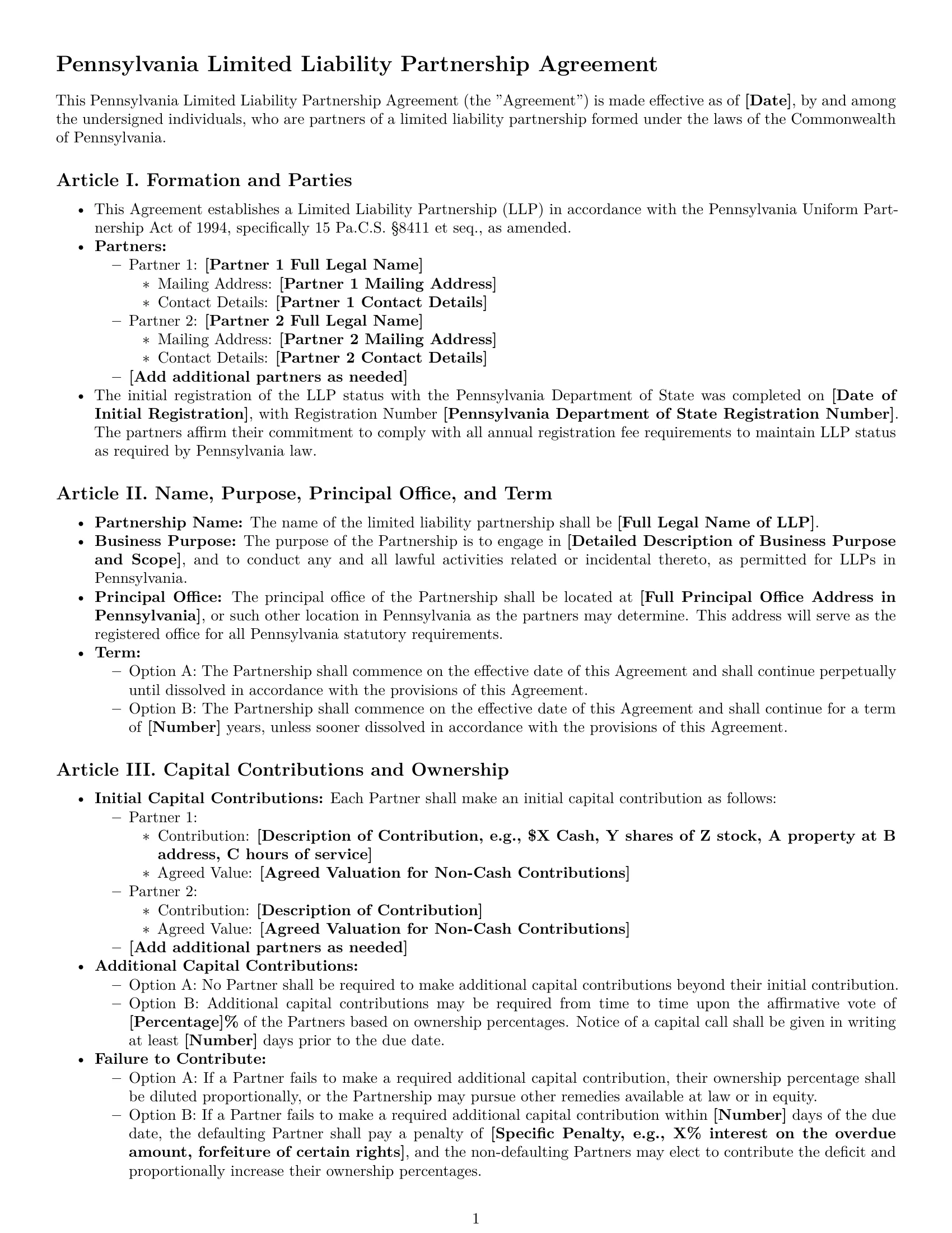 Preview page 1 of Pro Pennsylvania limited liability partnership agreement template