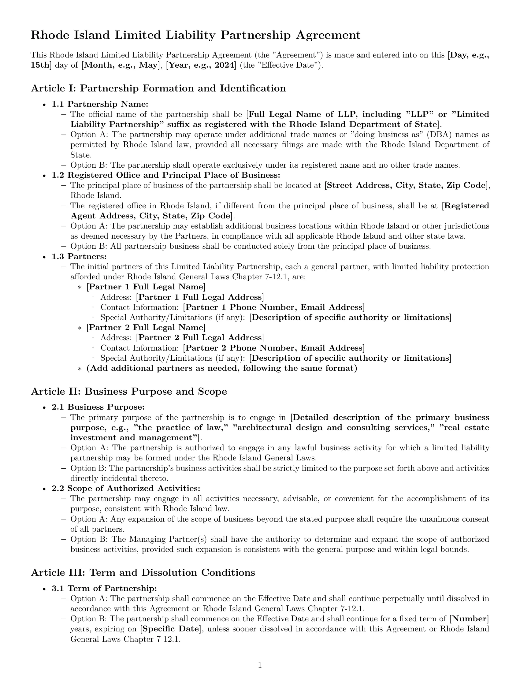 Preview page 1 of Pro Rhode Island limited liability partnership agreement template