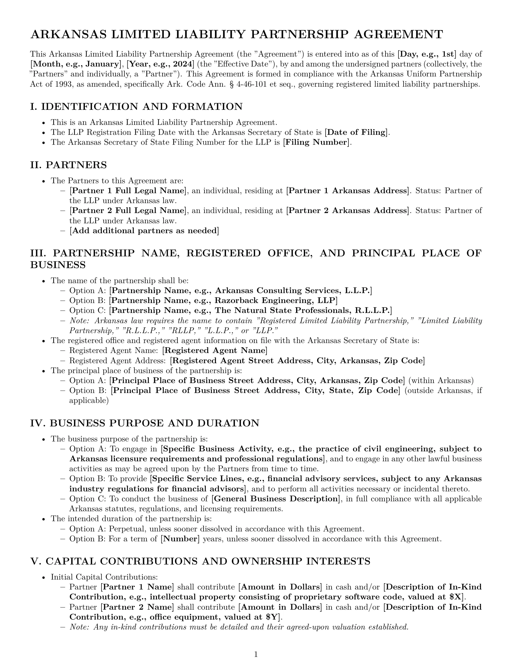 Preview page 1 of Pro Arkansas limited liability partnership agreement template