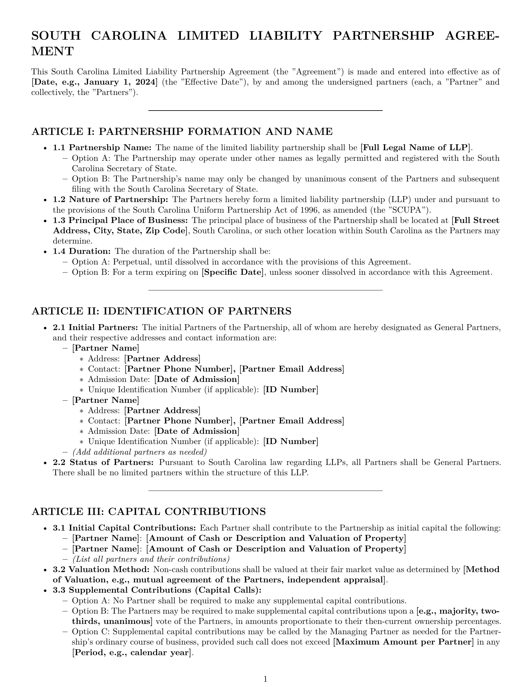 Preview page 1 of Pro South Carolina limited liability partnership agreement template