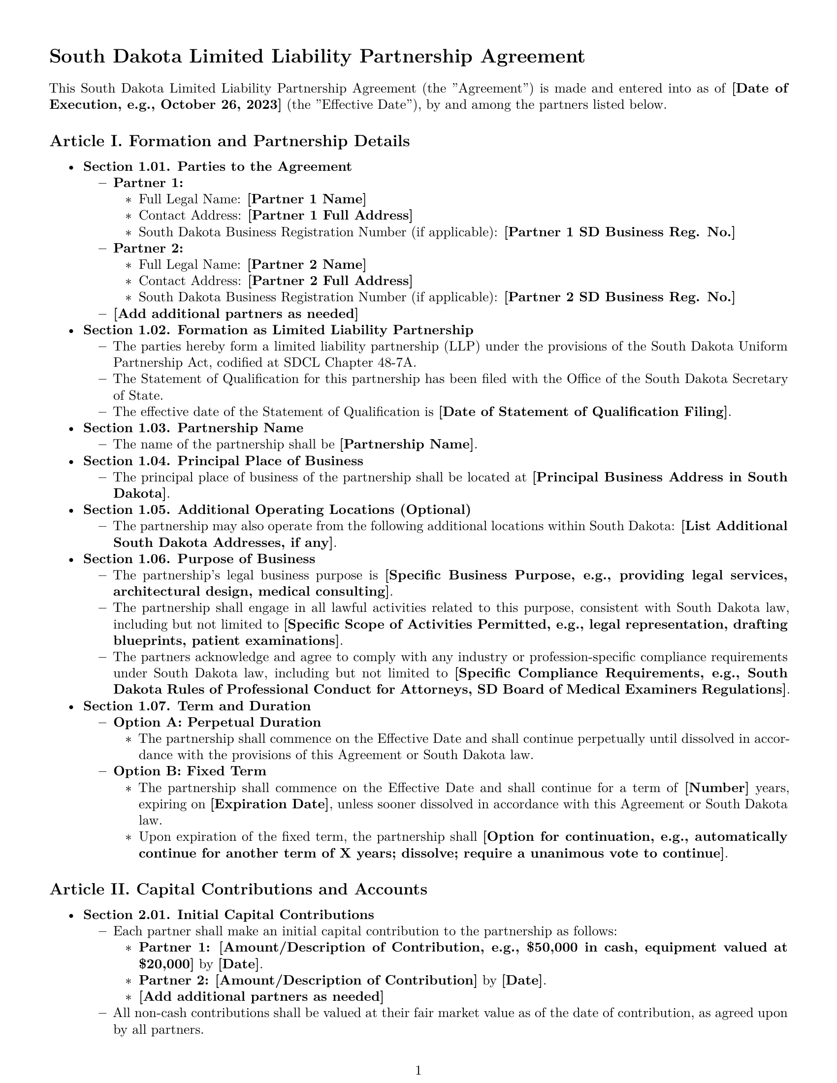 Preview page 1 of Pro South Dakota limited liability partnership agreement template