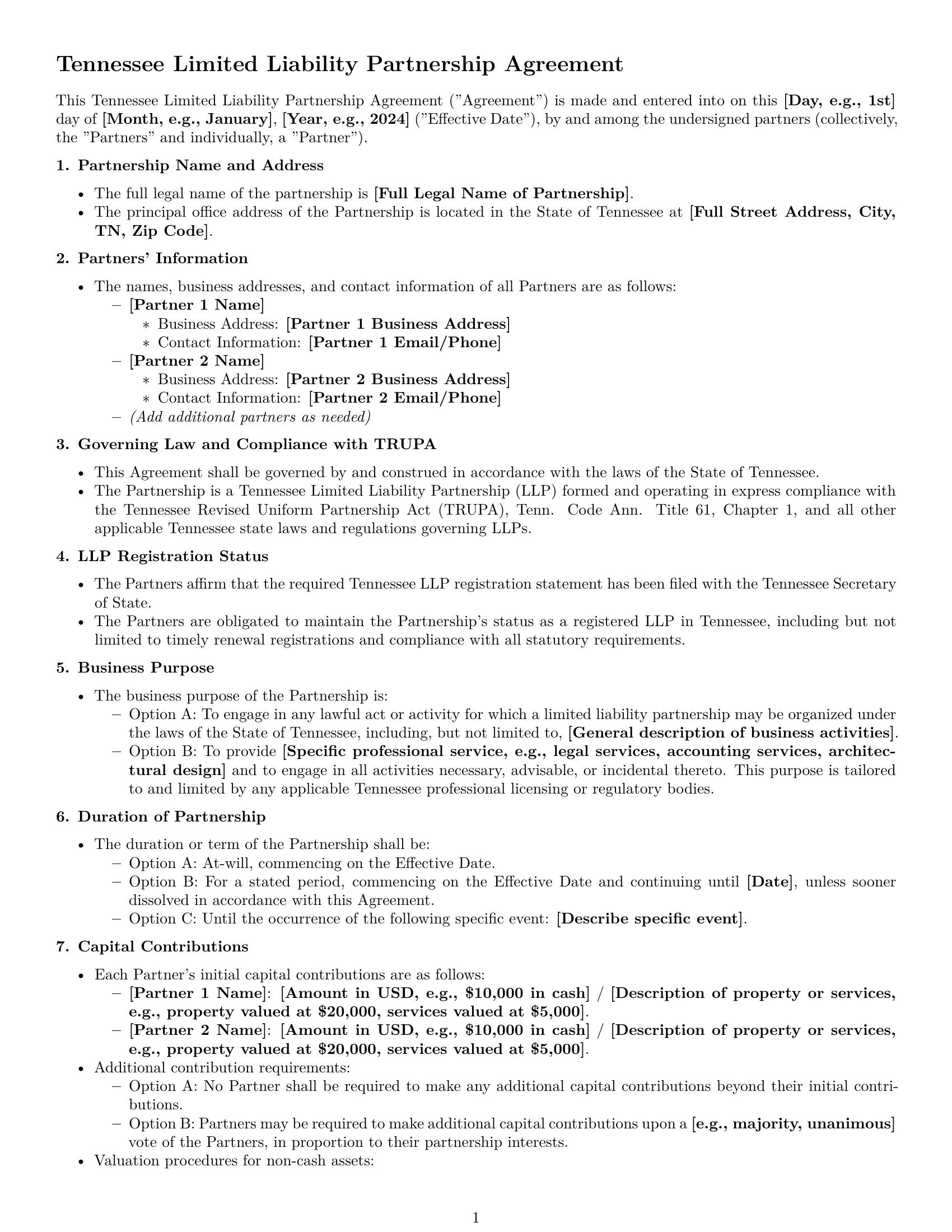 Preview page 1 of Pro Tennessee limited liability partnership agreement template