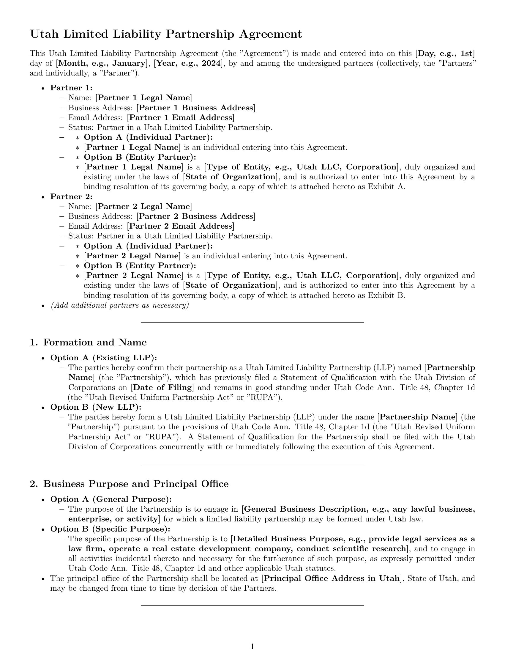 Preview page 1 of Pro Utah limited liability partnership agreement template