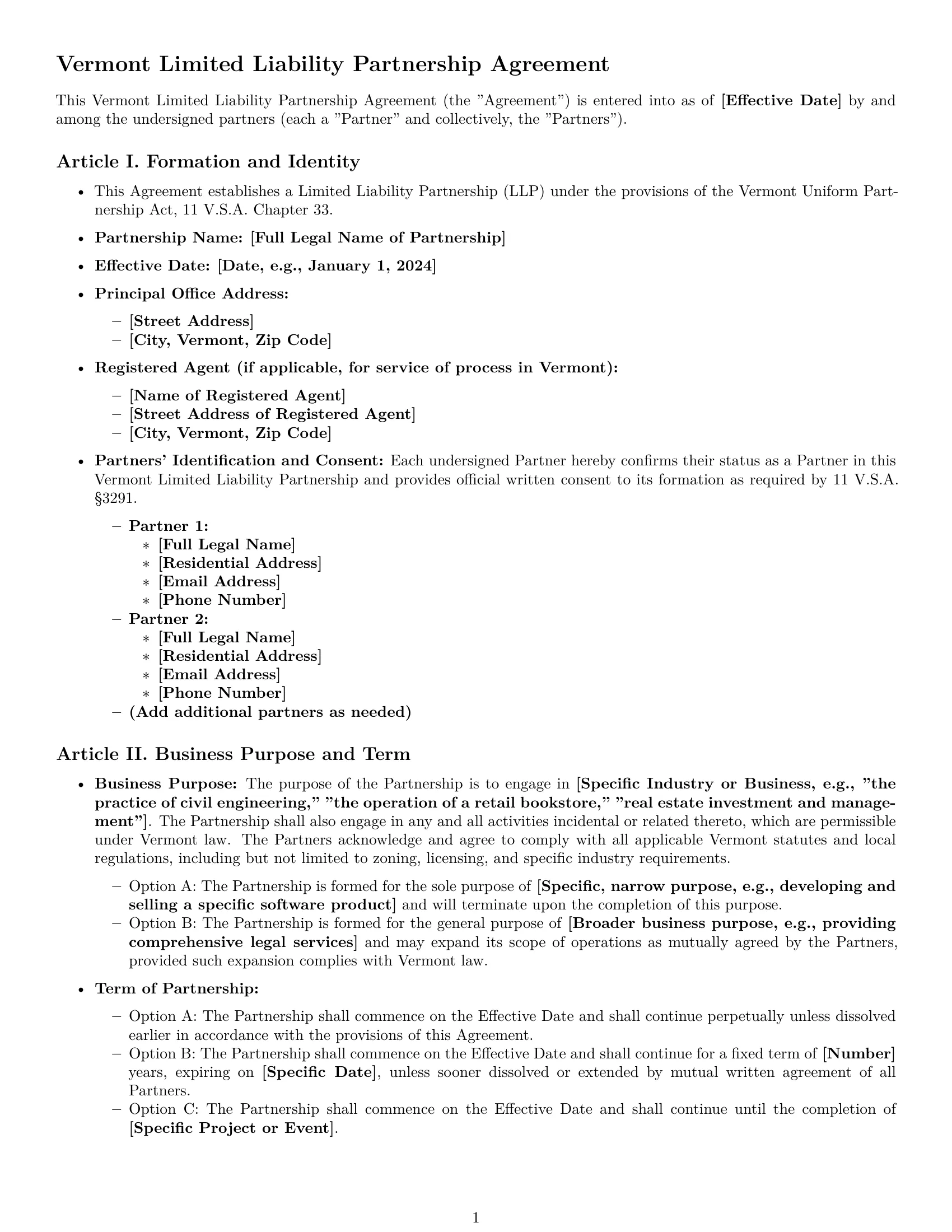 Preview page 1 of Pro Vermont limited liability partnership agreement template