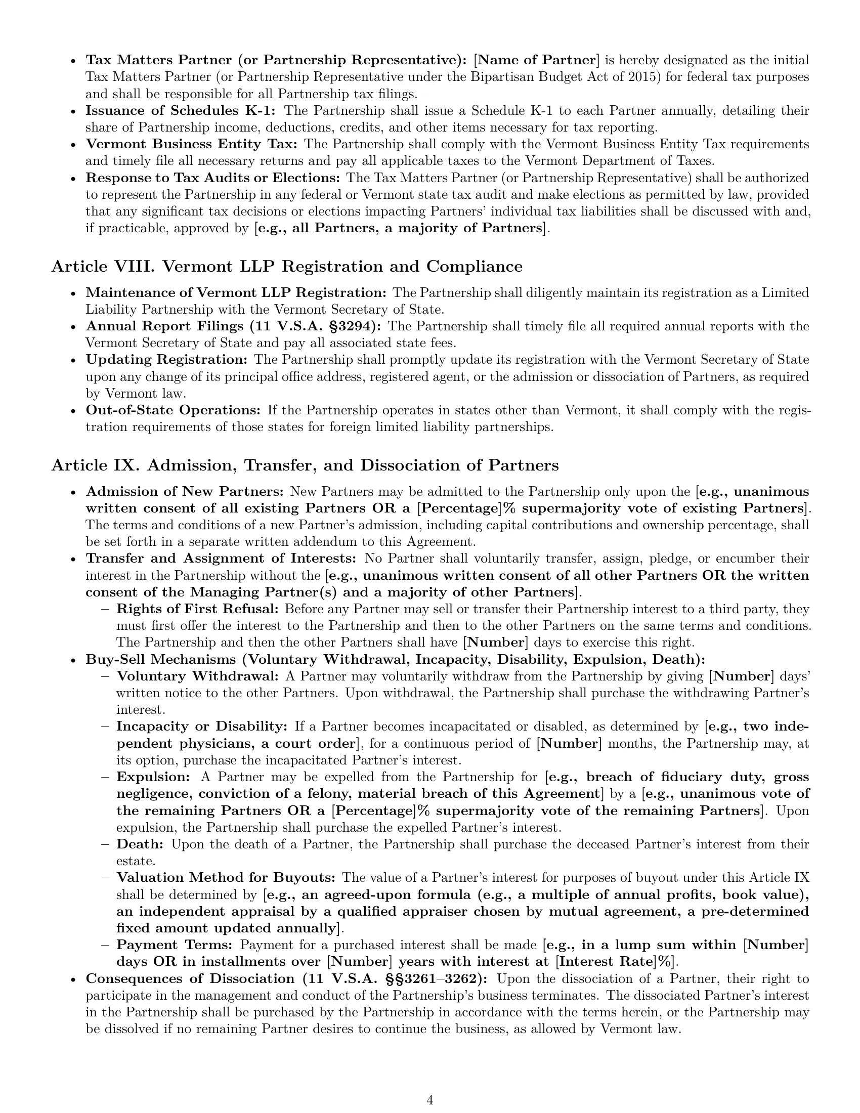 Preview page 4 of Pro Vermont limited liability partnership agreement template