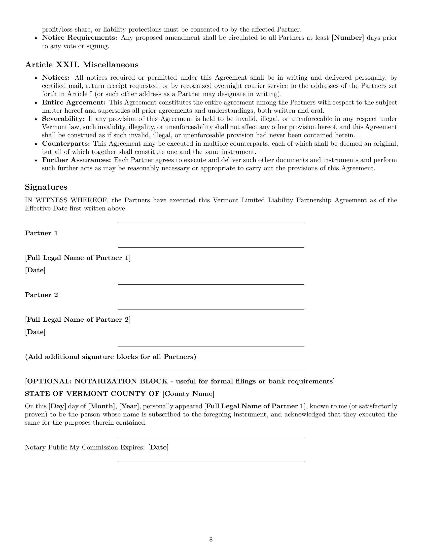 Preview page 8 of Pro Vermont limited liability partnership agreement template