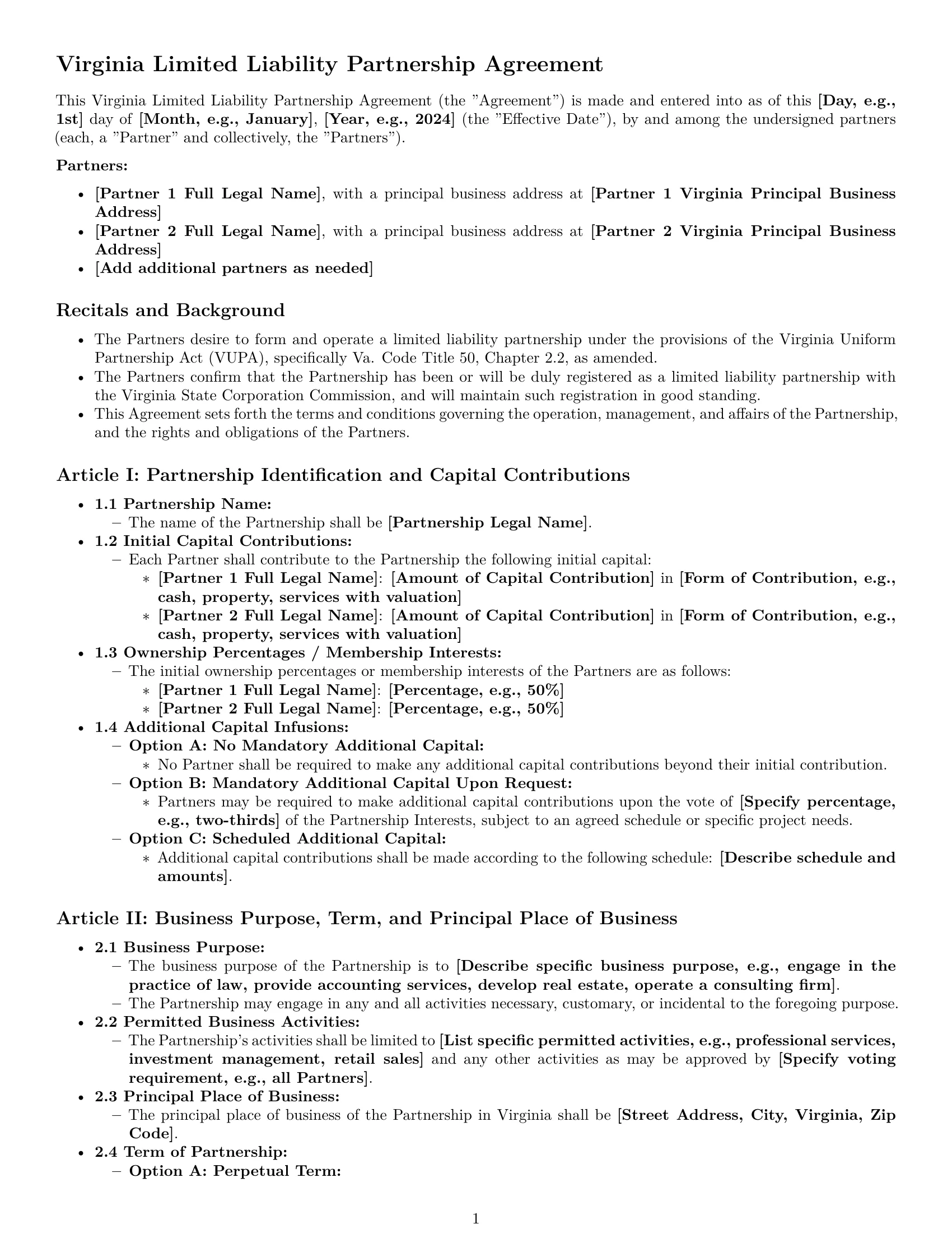 Preview page 1 of Pro Virginia limited liability partnership agreement template