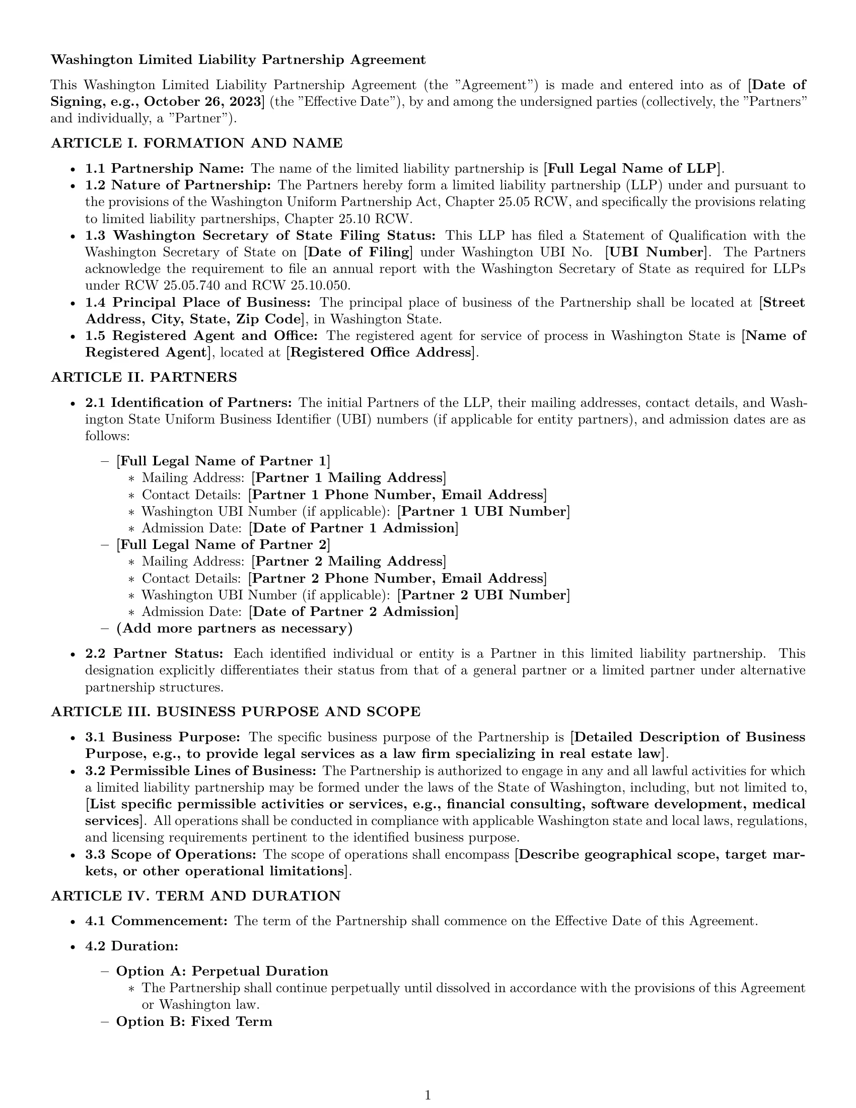 Preview page 1 of Pro Washington limited liability partnership agreement template