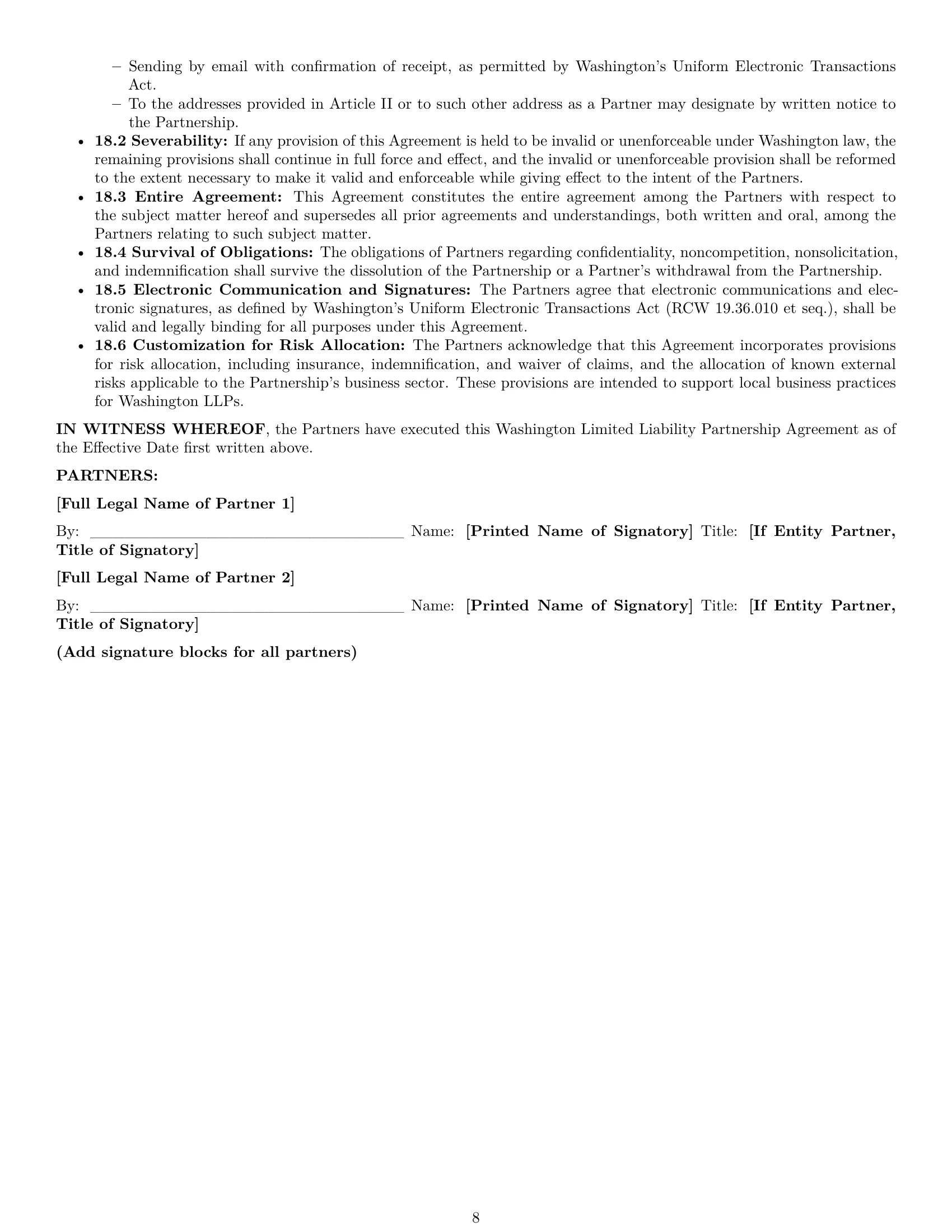 Preview page 8 of Pro Washington limited liability partnership agreement template