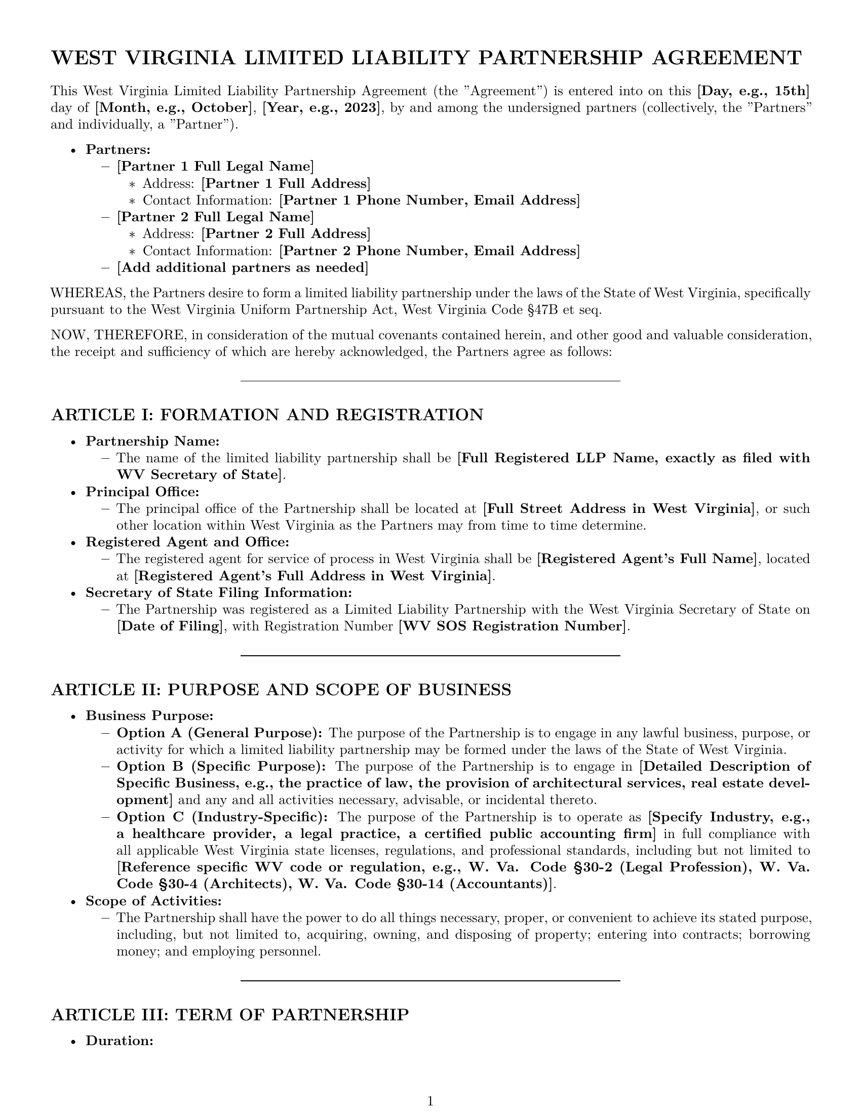Preview page 1 of Pro West Virginia limited liability partnership agreement template