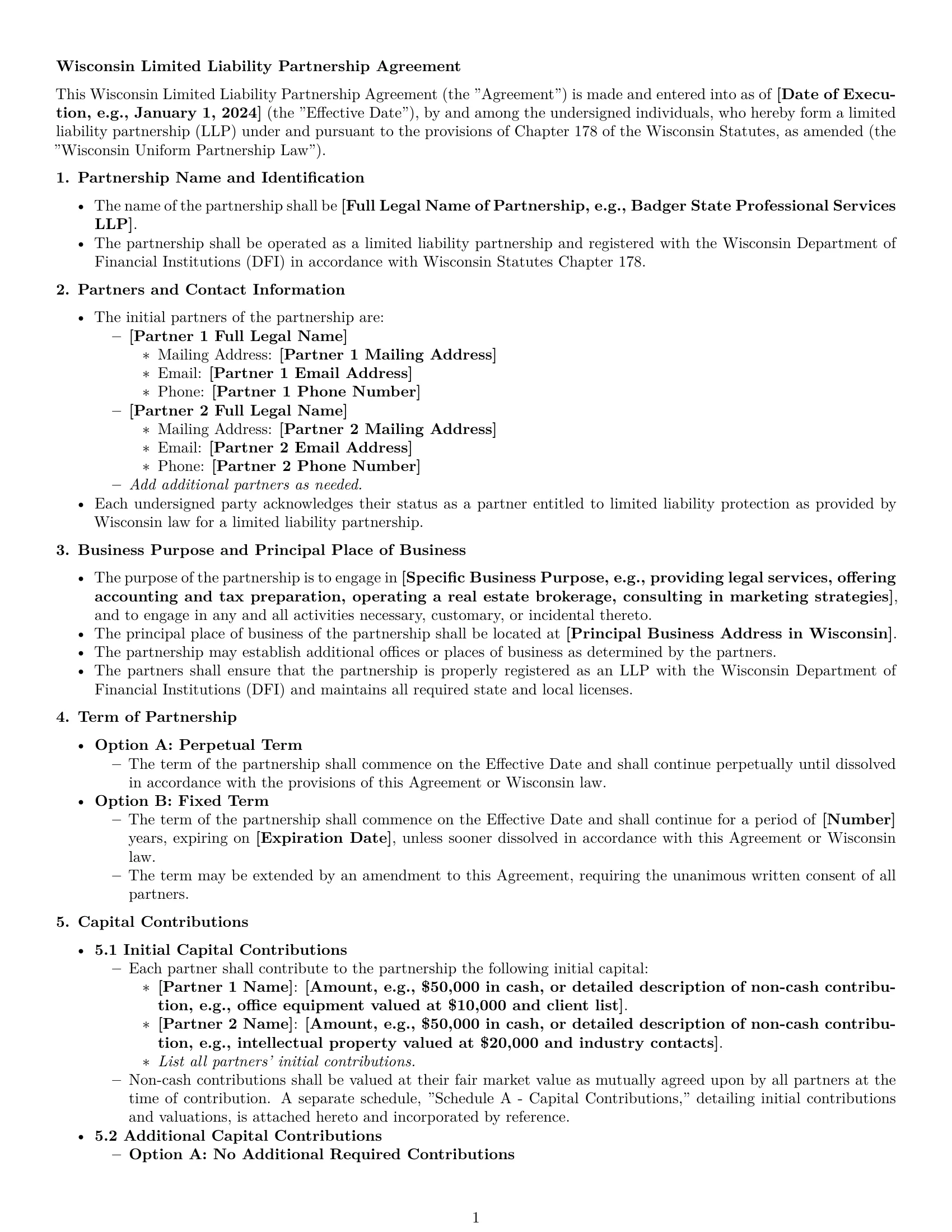 Preview page 1 of Pro Wisconsin limited liability partnership agreement template