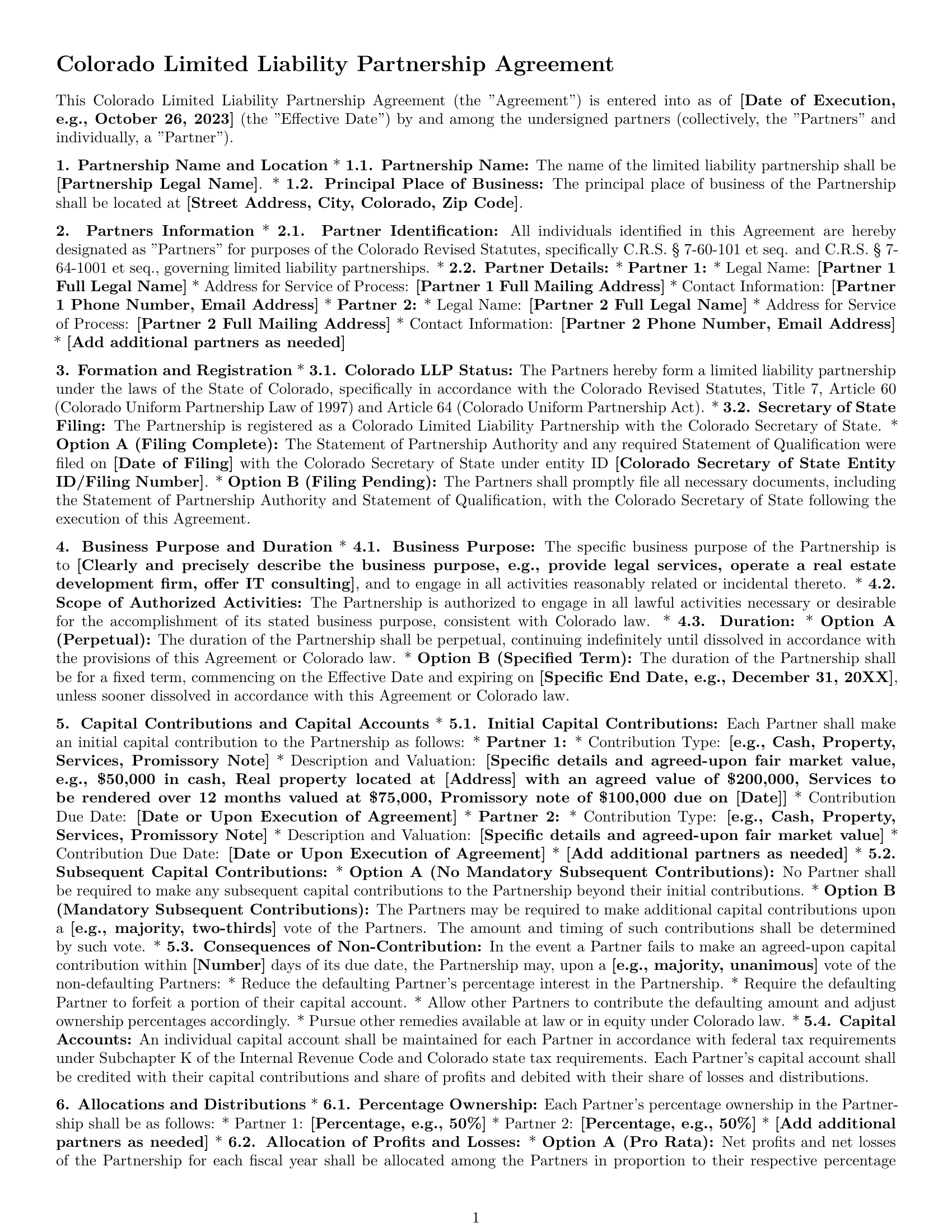 Preview page 1 of Pro Colorado limited liability partnership agreement template