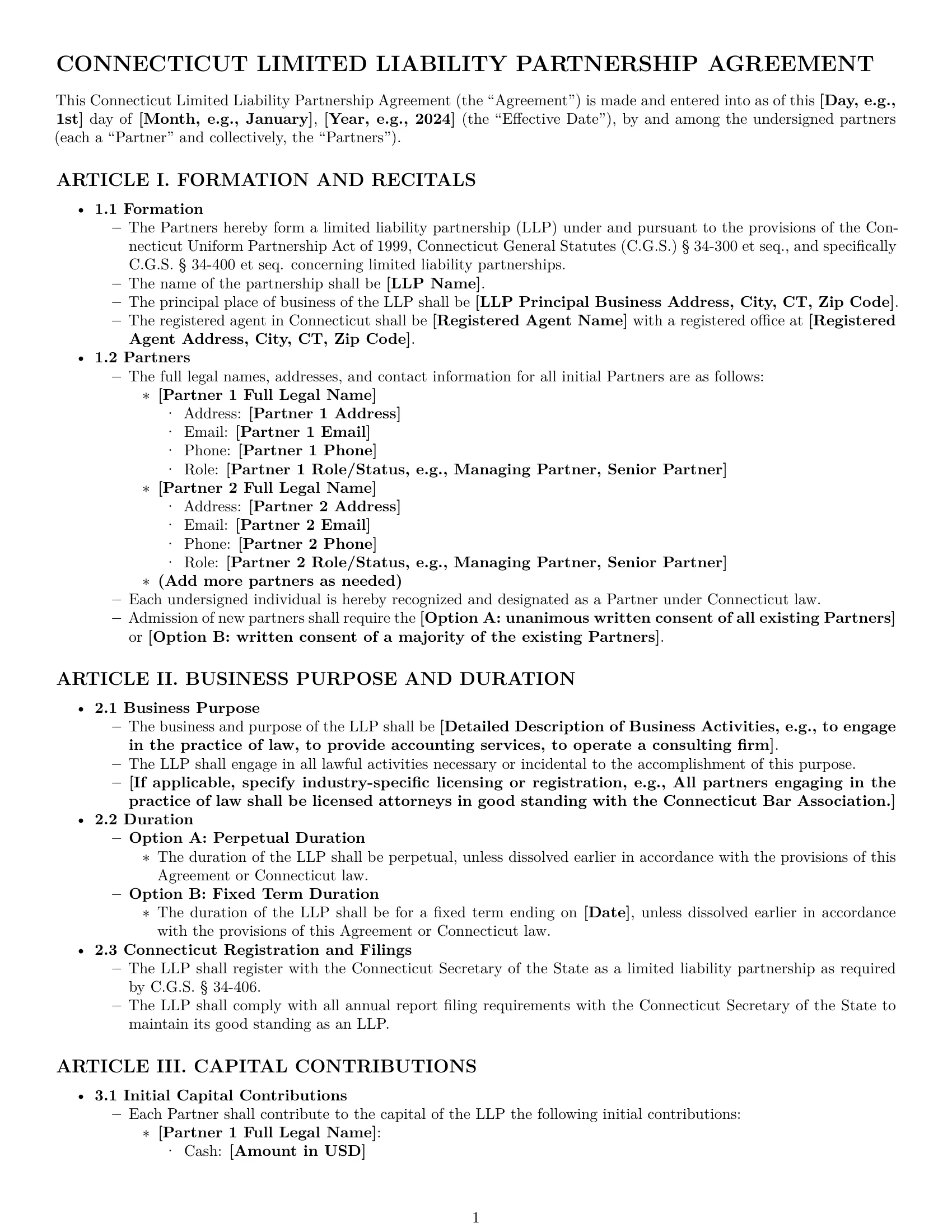 Preview page 1 of Pro Connecticut limited liability partnership agreement template