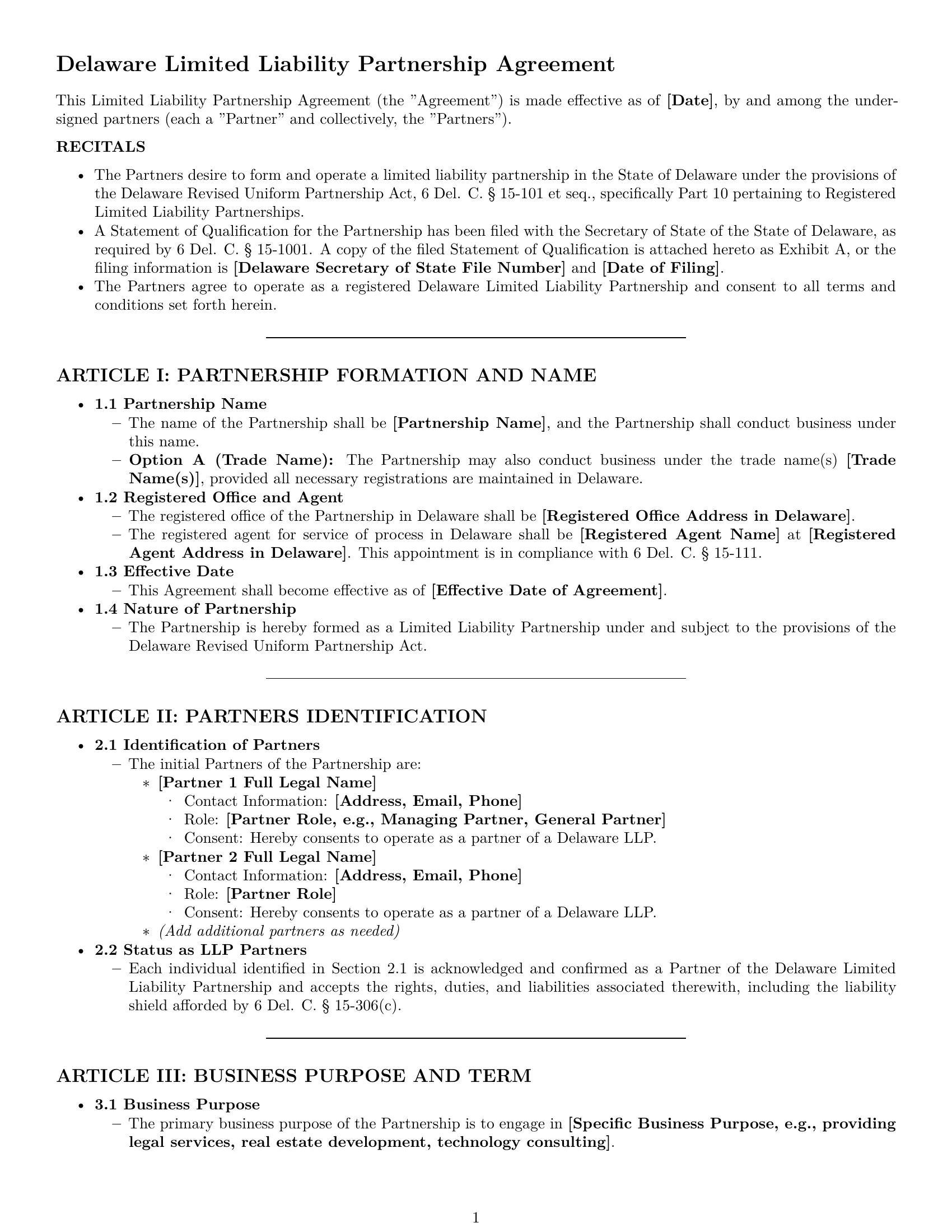 Preview page 1 of Pro Delaware limited liability partnership agreement template