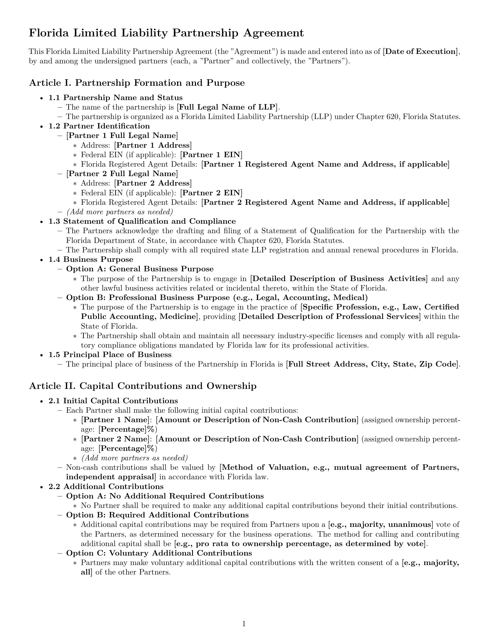 Preview page 1 of Pro Florida limited liability partnership agreement template