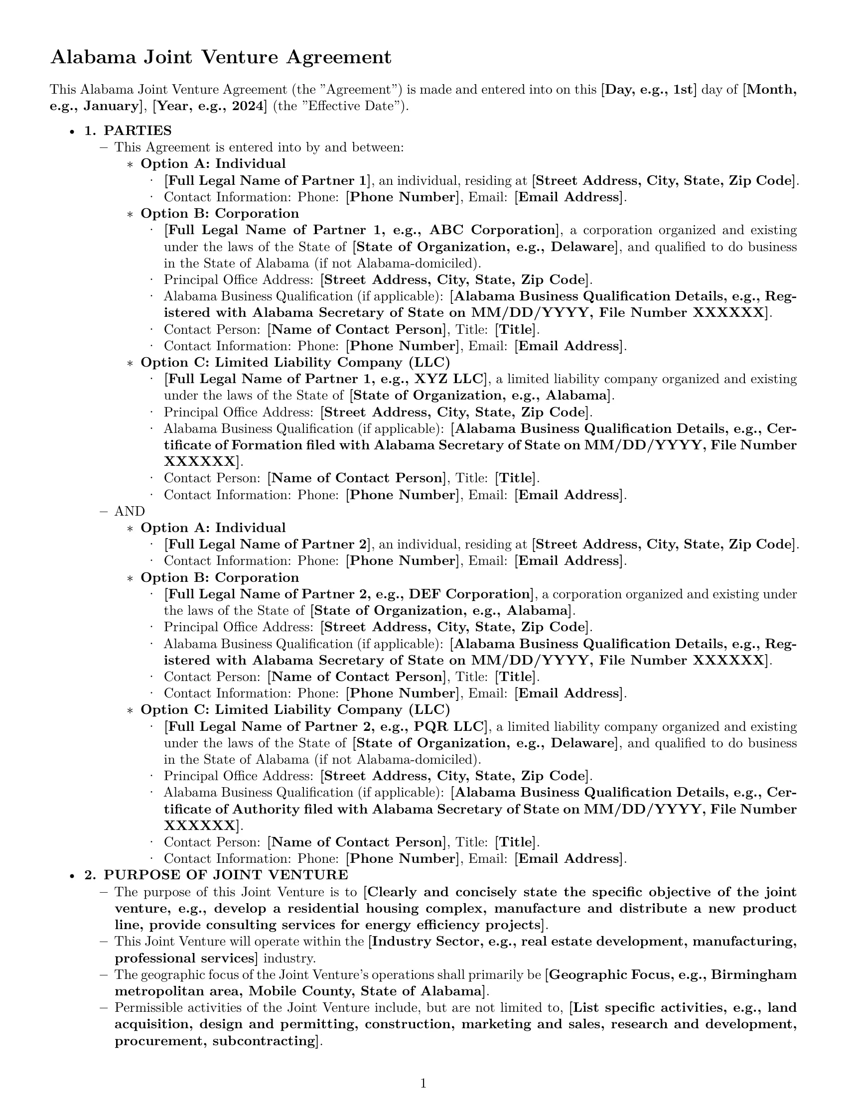 Preview page 1 of Pro Alabama joint venture agreement template