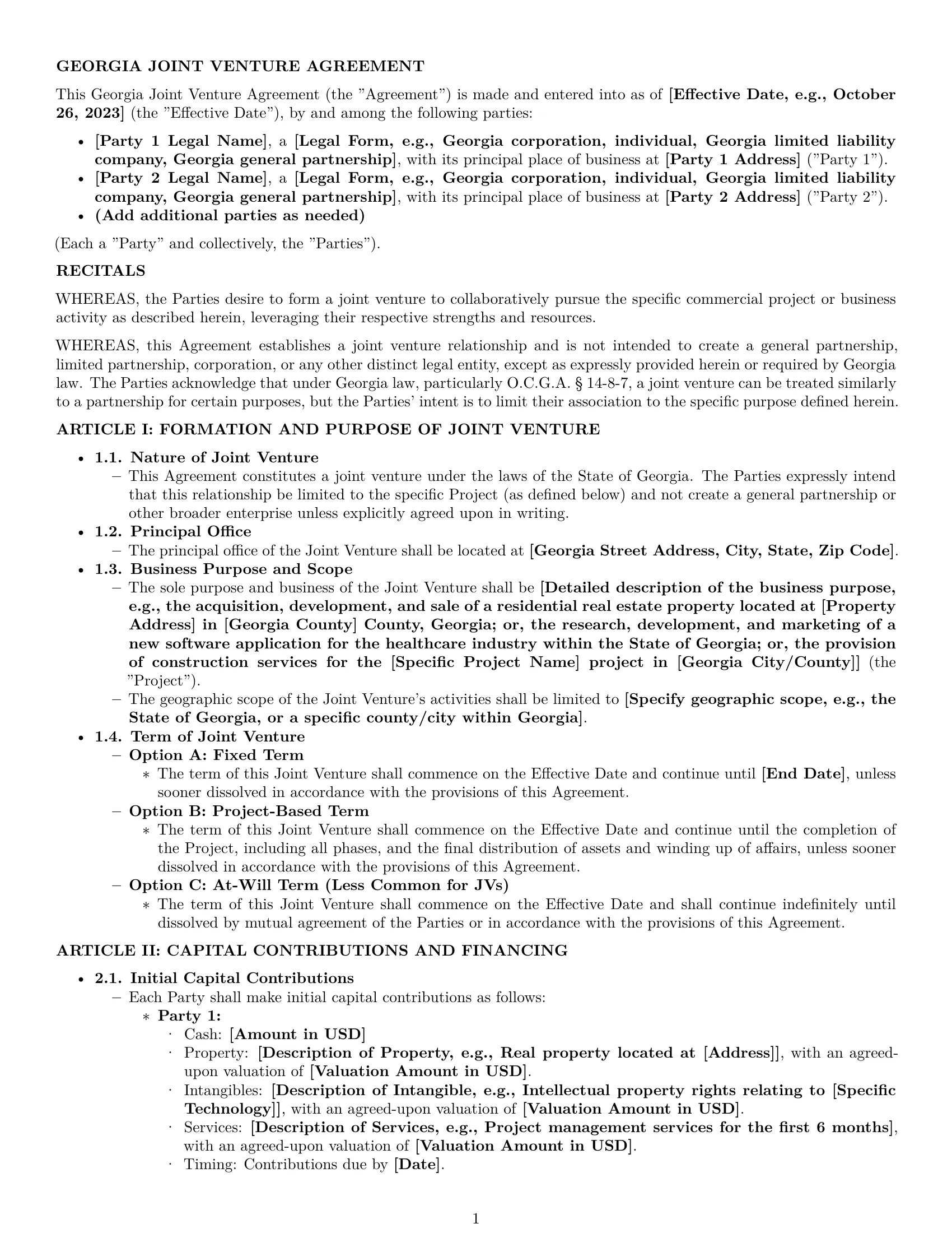 Preview page 1 of Pro Georgia joint venture agreement template