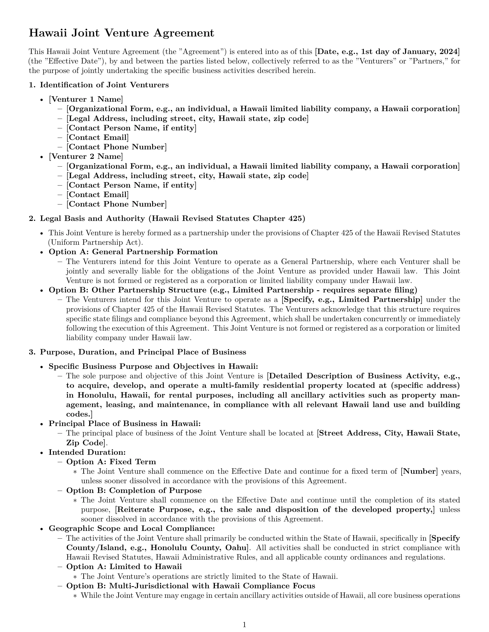 Preview page 1 of Pro Hawaii joint venture agreement template