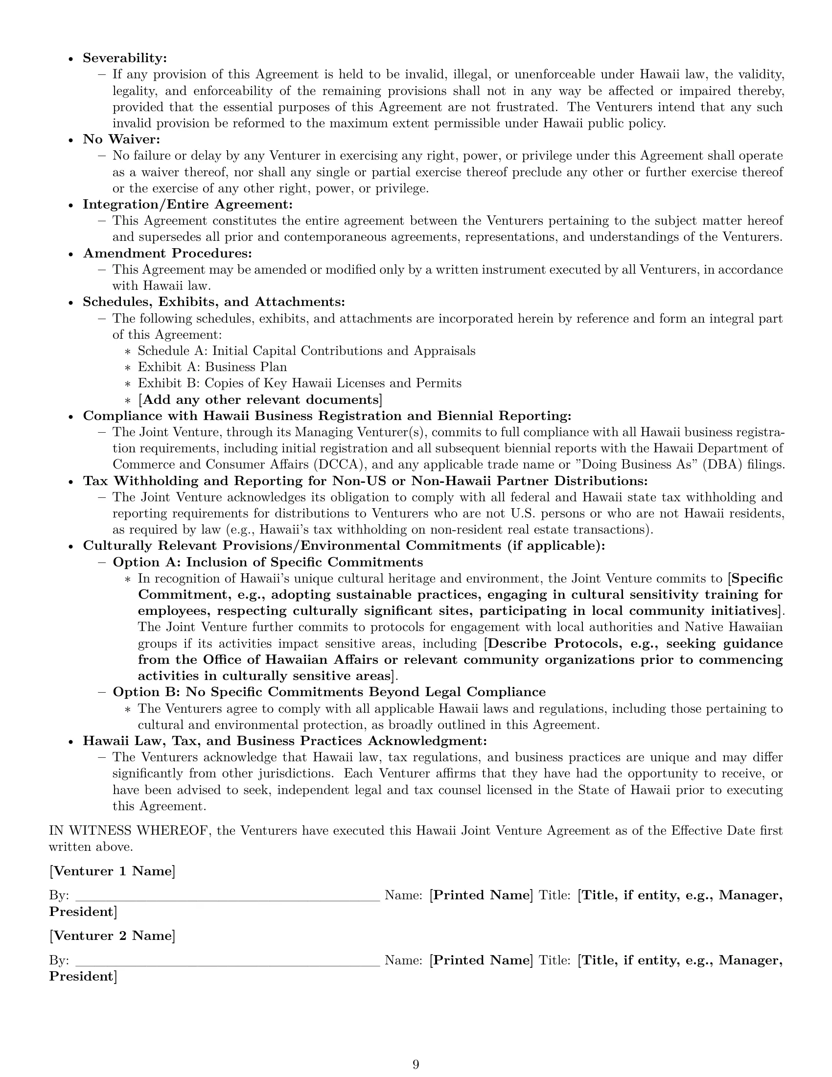 Preview page 9 of Pro Hawaii joint venture agreement template