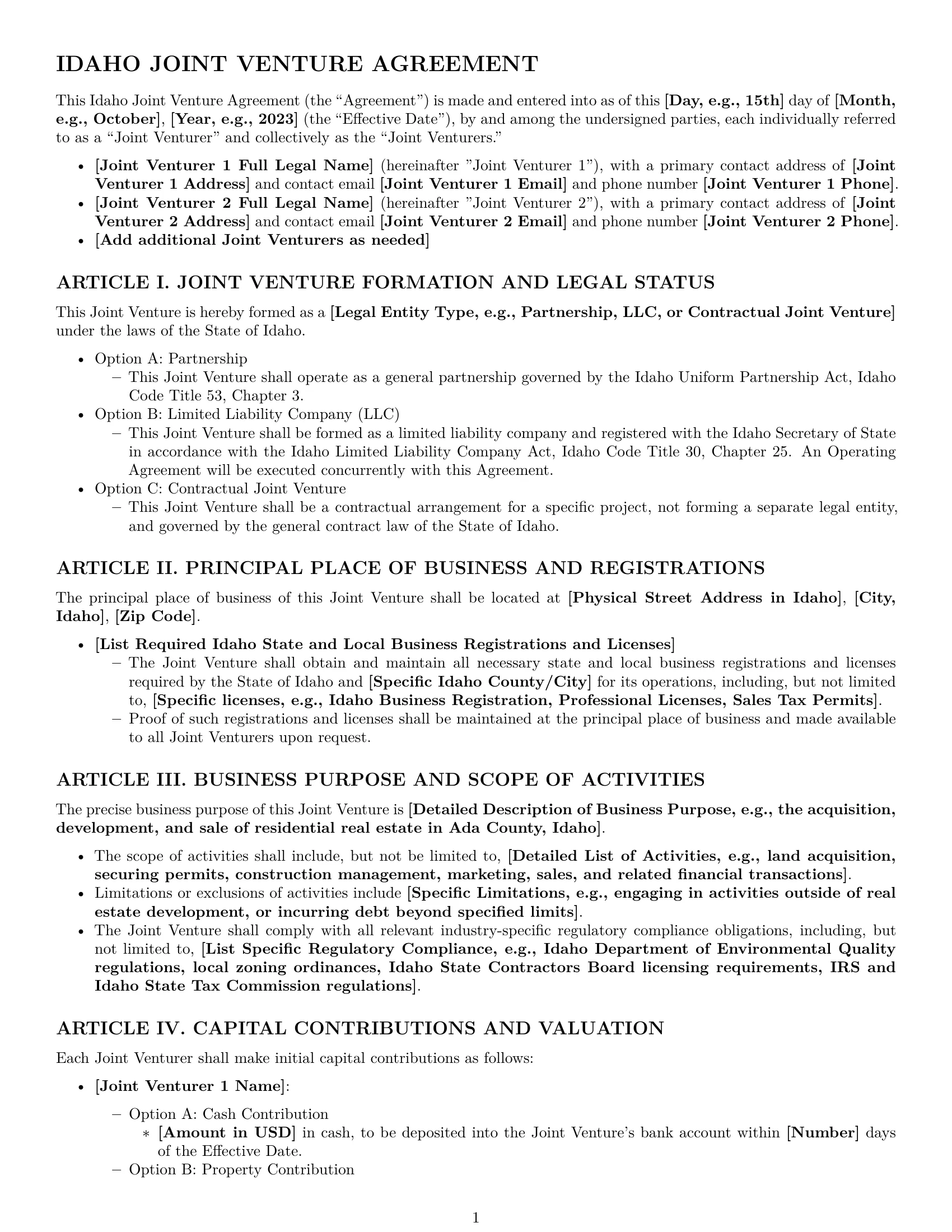 Preview page 1 of Pro Idaho joint venture agreement template