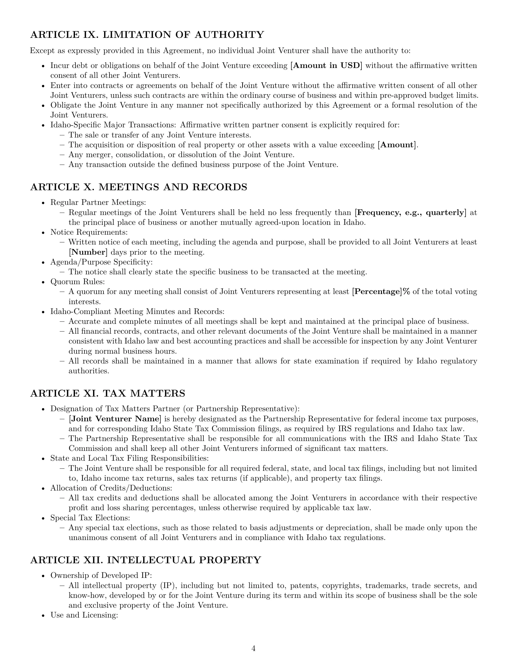 Preview page 4 of Pro Idaho joint venture agreement template