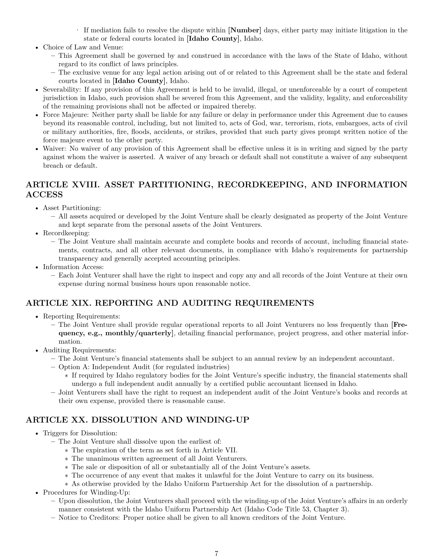 Preview page 7 of Pro Idaho joint venture agreement template