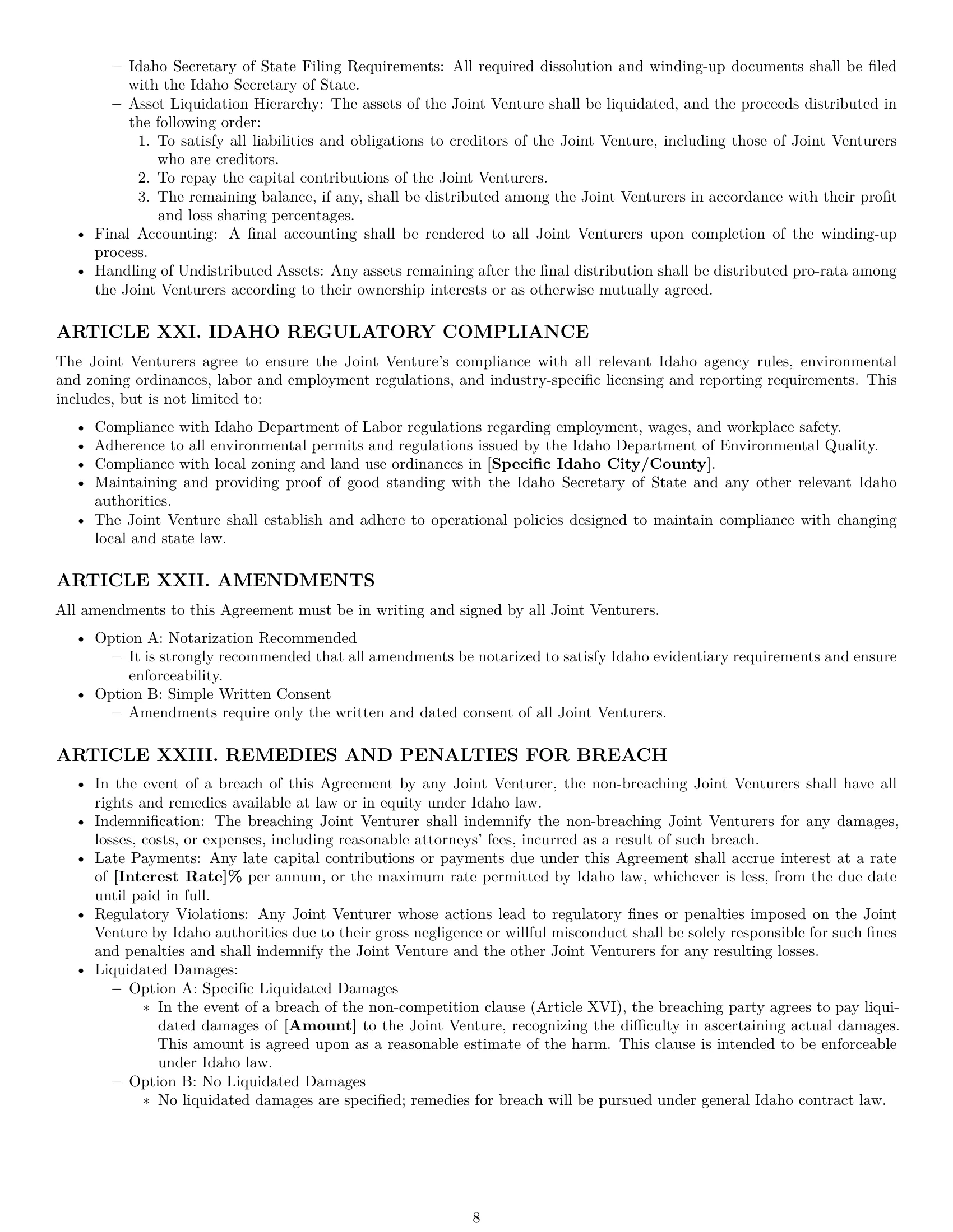 Preview page 8 of Pro Idaho joint venture agreement template