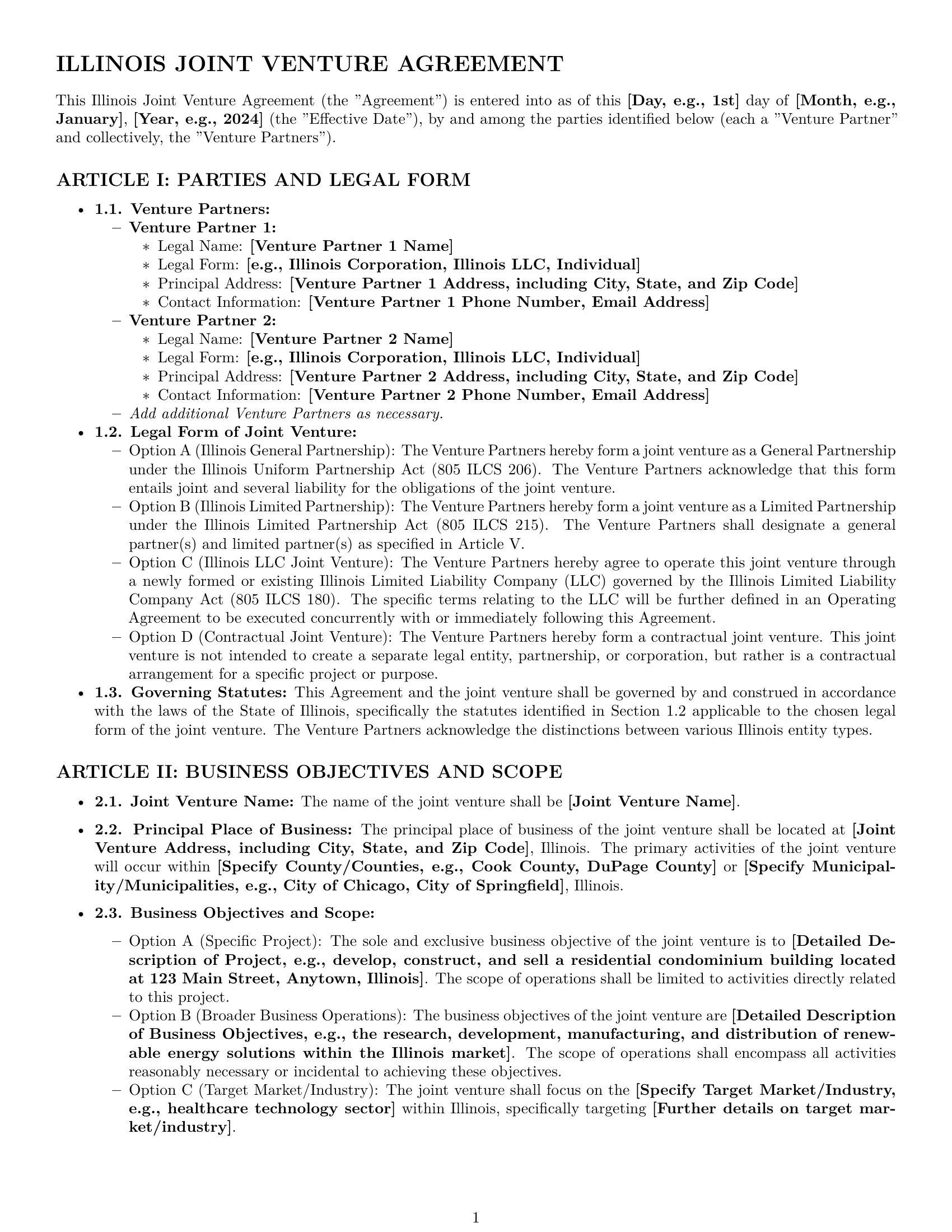 Preview page 1 of Pro Illinois joint venture agreement template