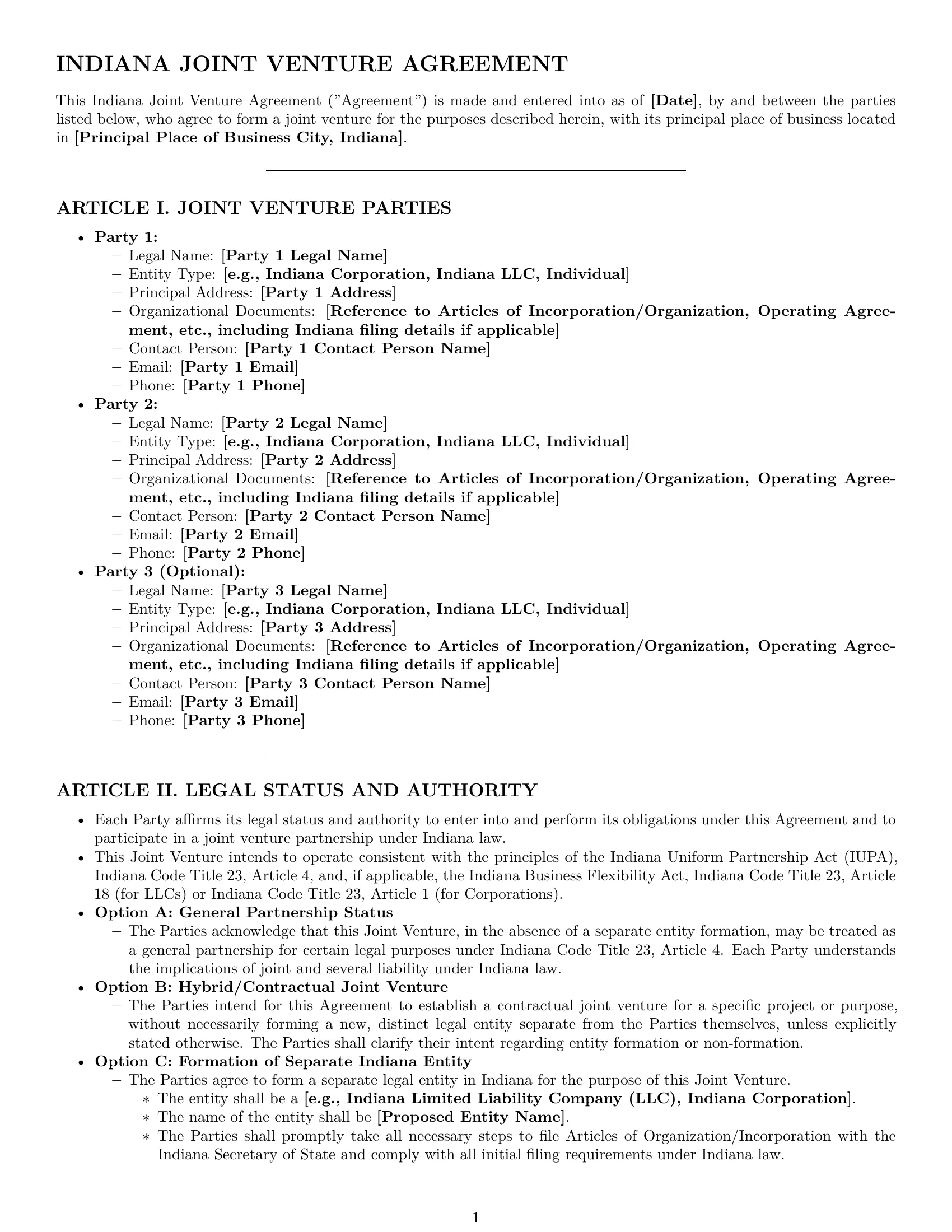 Preview page 1 of Pro Indiana joint venture agreement template