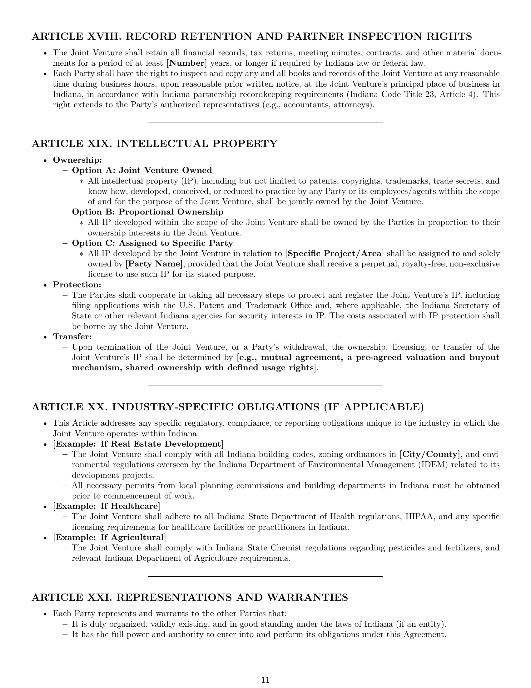 Preview page 11 of Pro Indiana joint venture agreement template