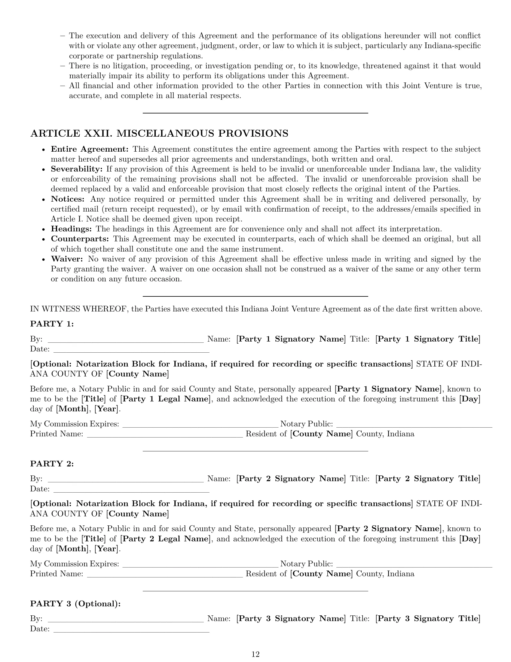 Preview page 12 of Pro Indiana joint venture agreement template