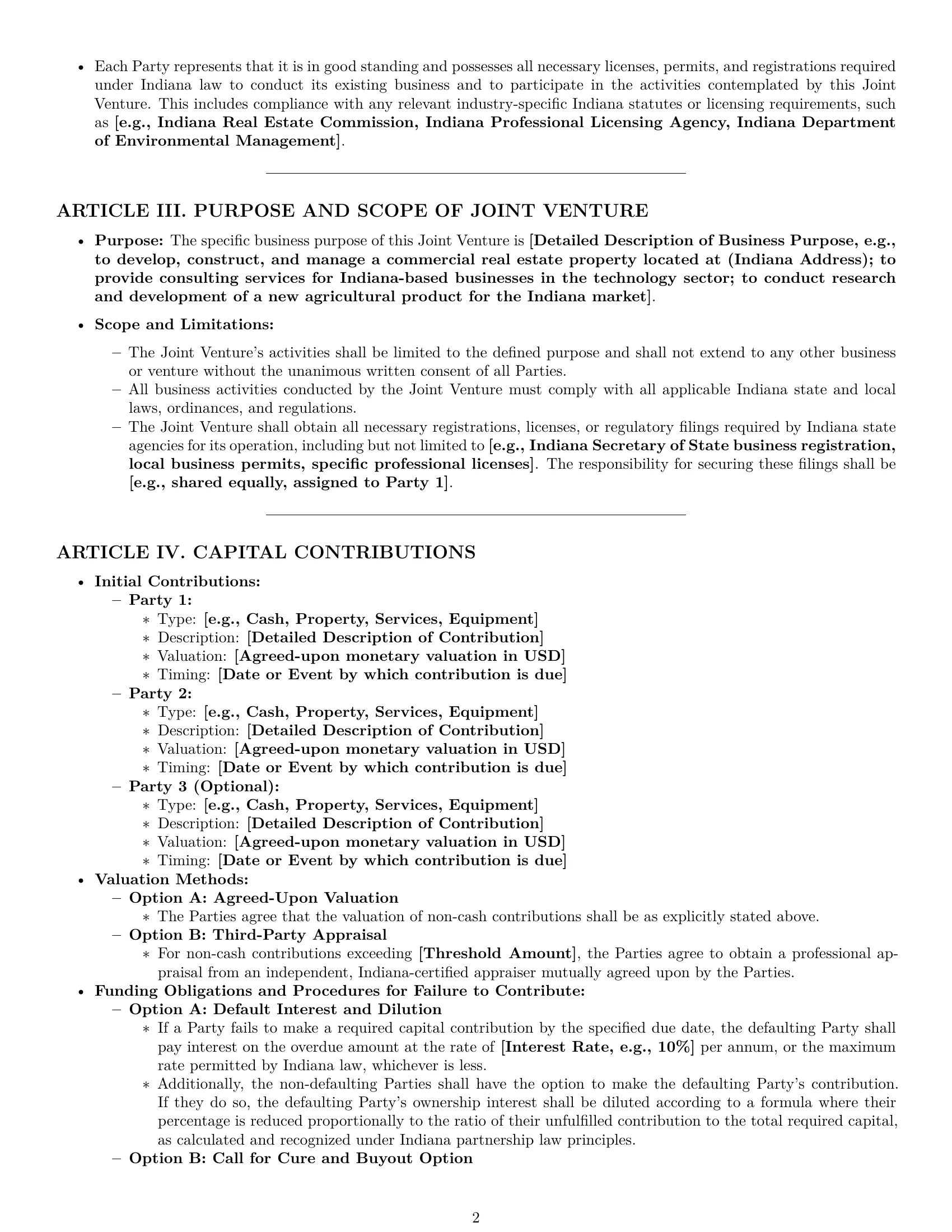 Preview page 2 of Pro Indiana joint venture agreement template