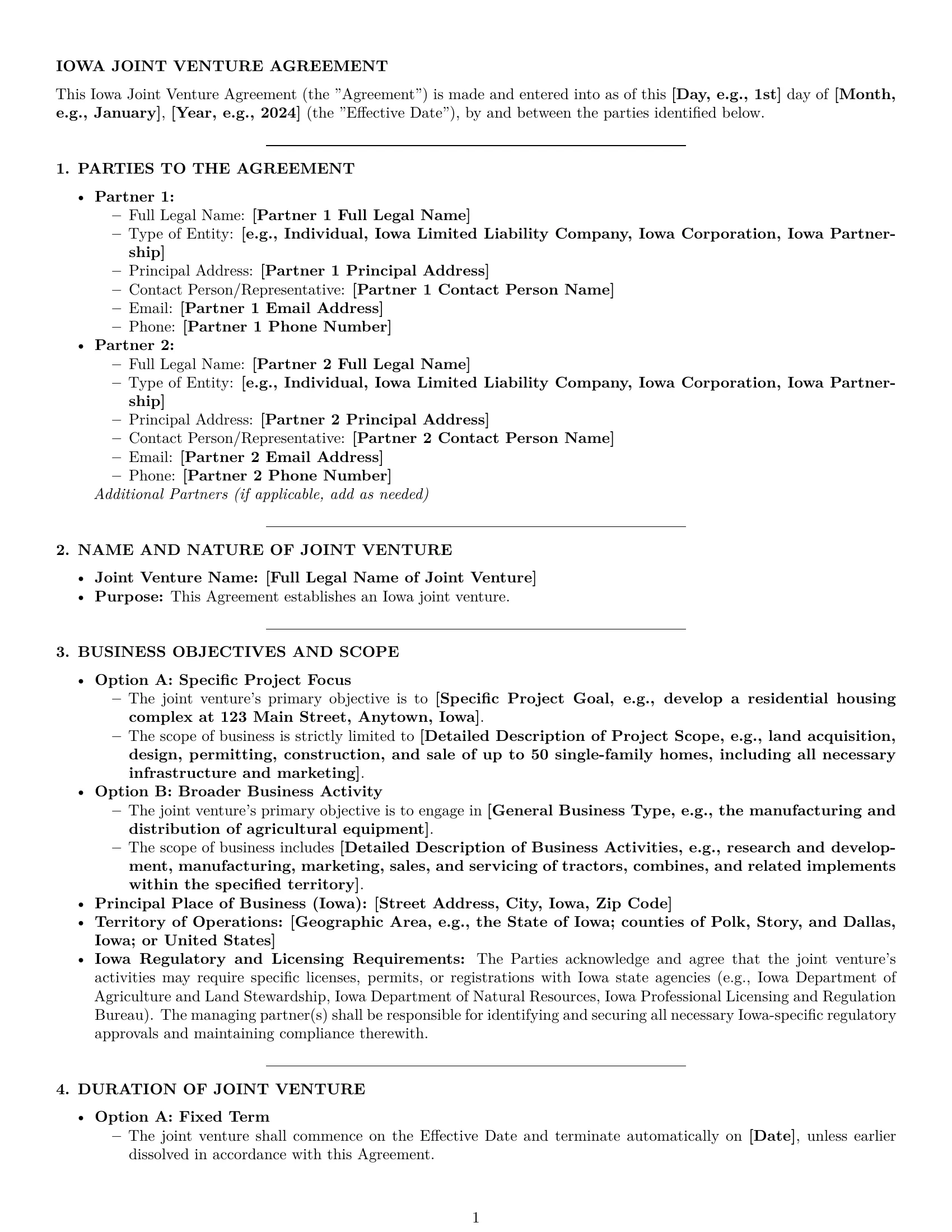 Preview page 1 of Pro Iowa joint venture agreement template
