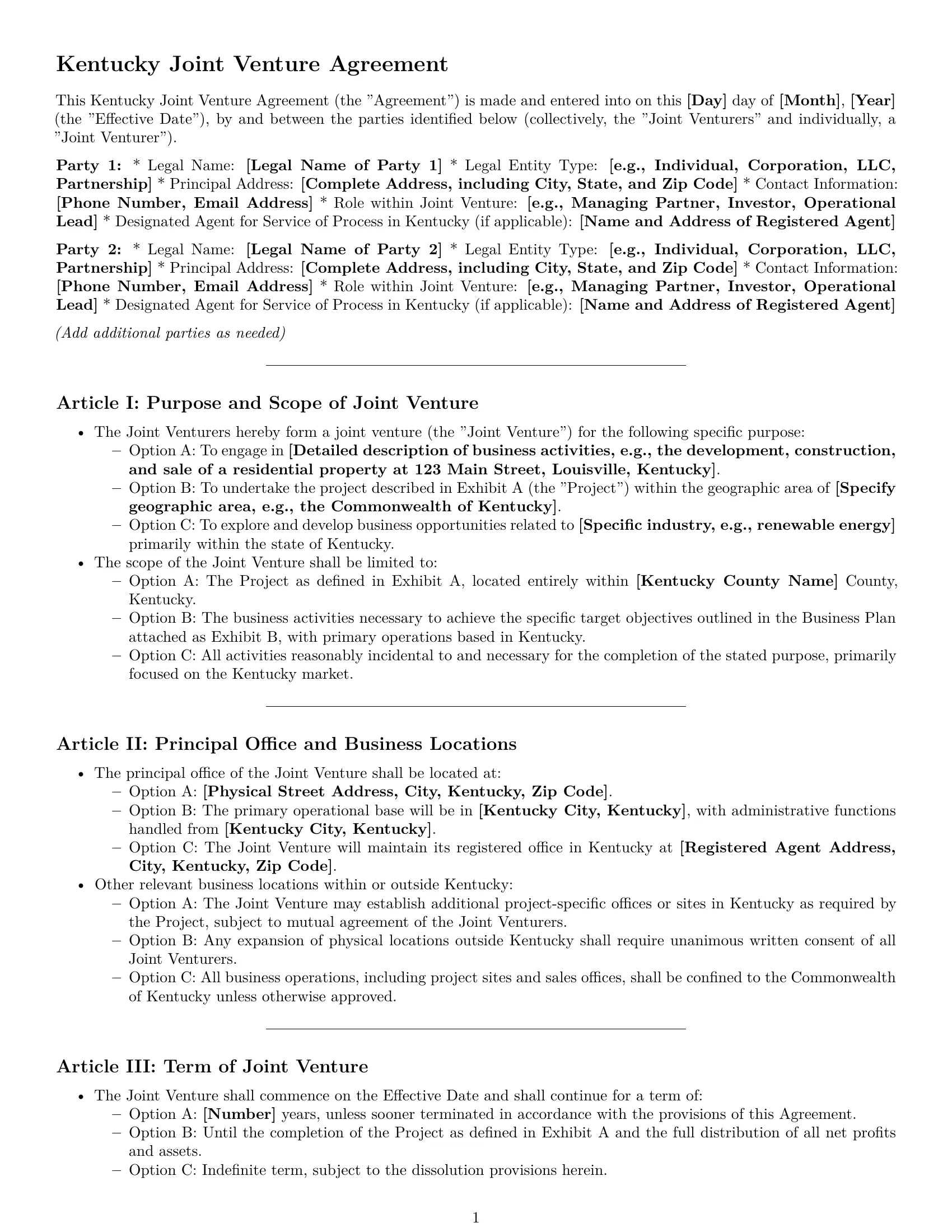 Preview page 1 of Pro Kentucky joint venture agreement template