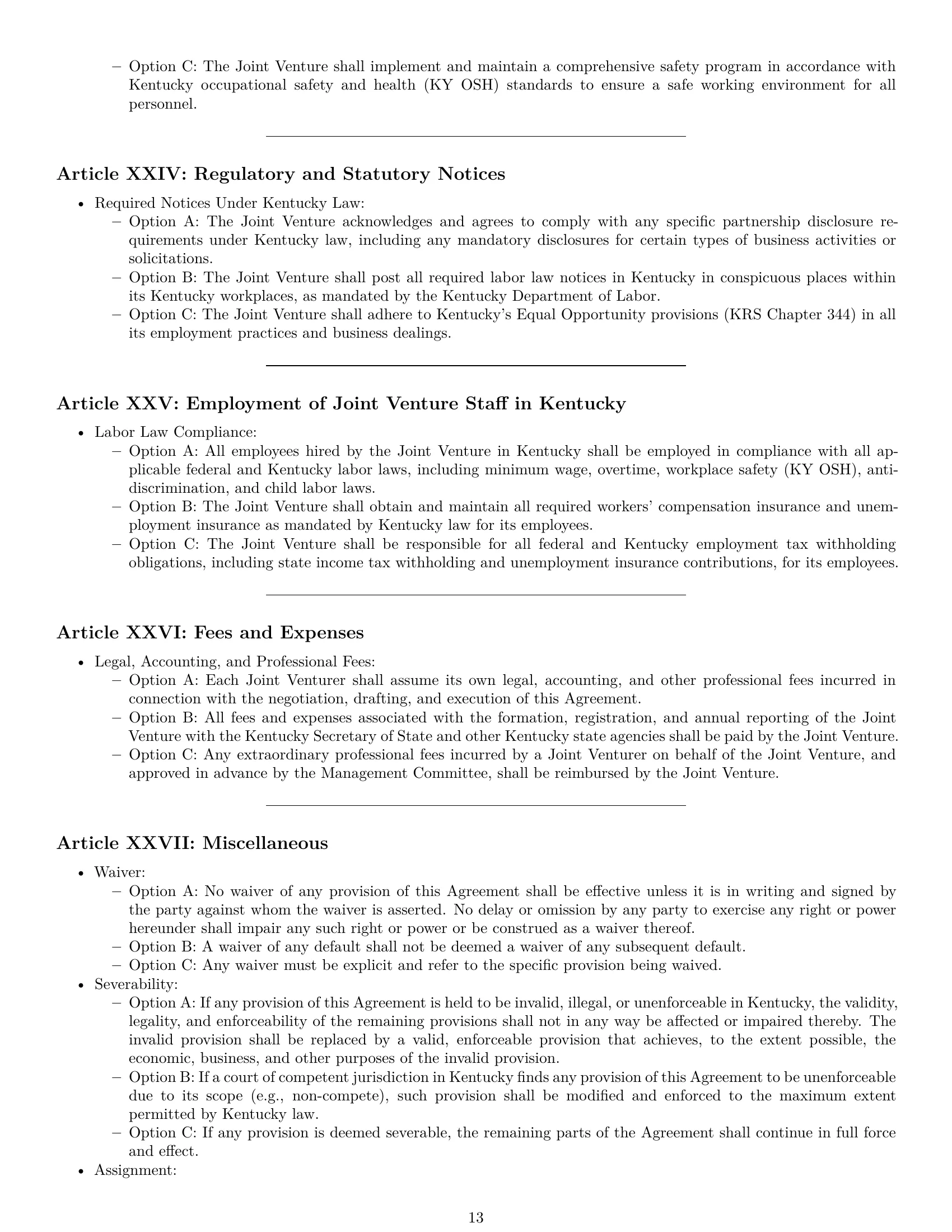 Preview page 13 of Pro Kentucky joint venture agreement template
