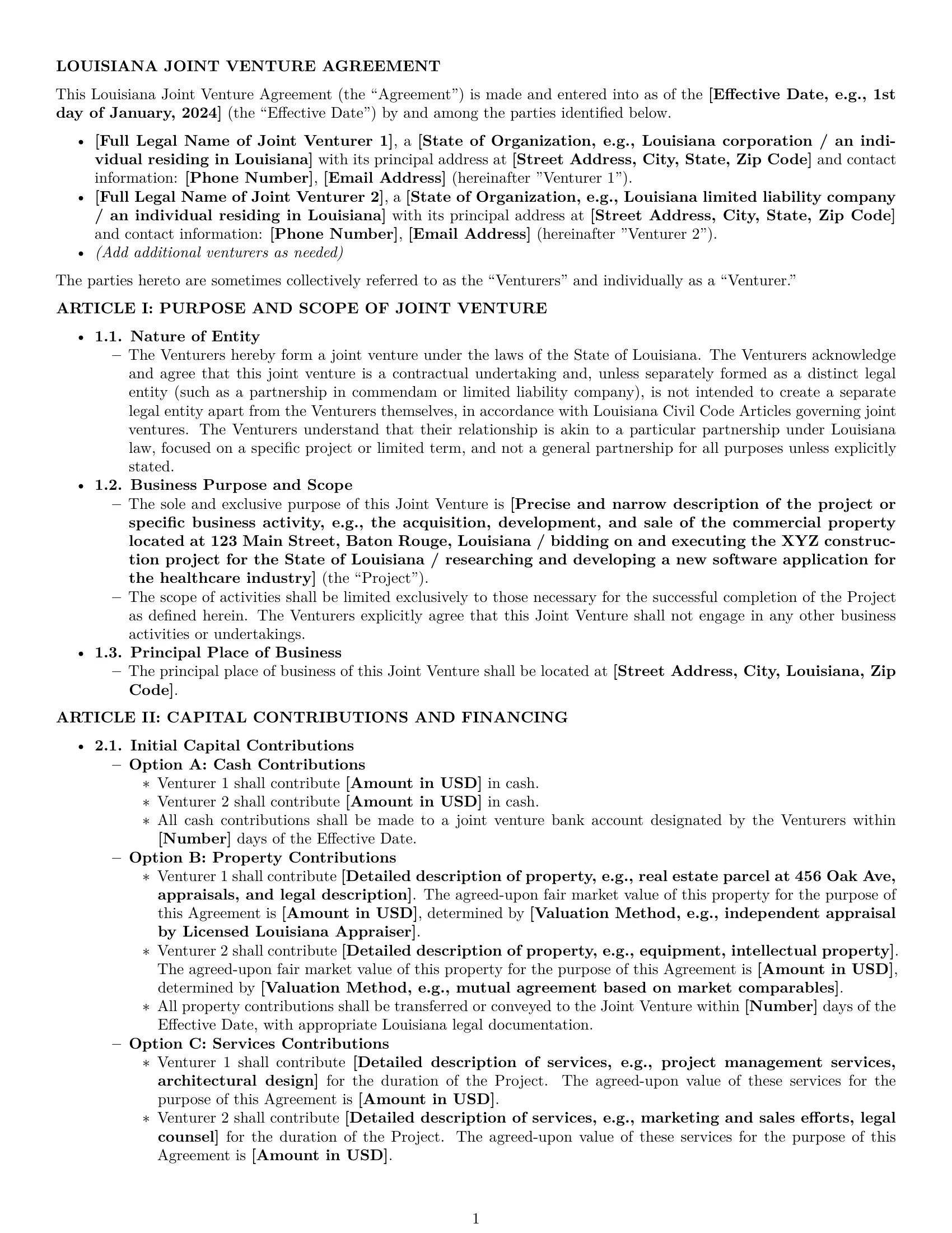 Preview page 1 of Pro Louisiana joint venture agreement template