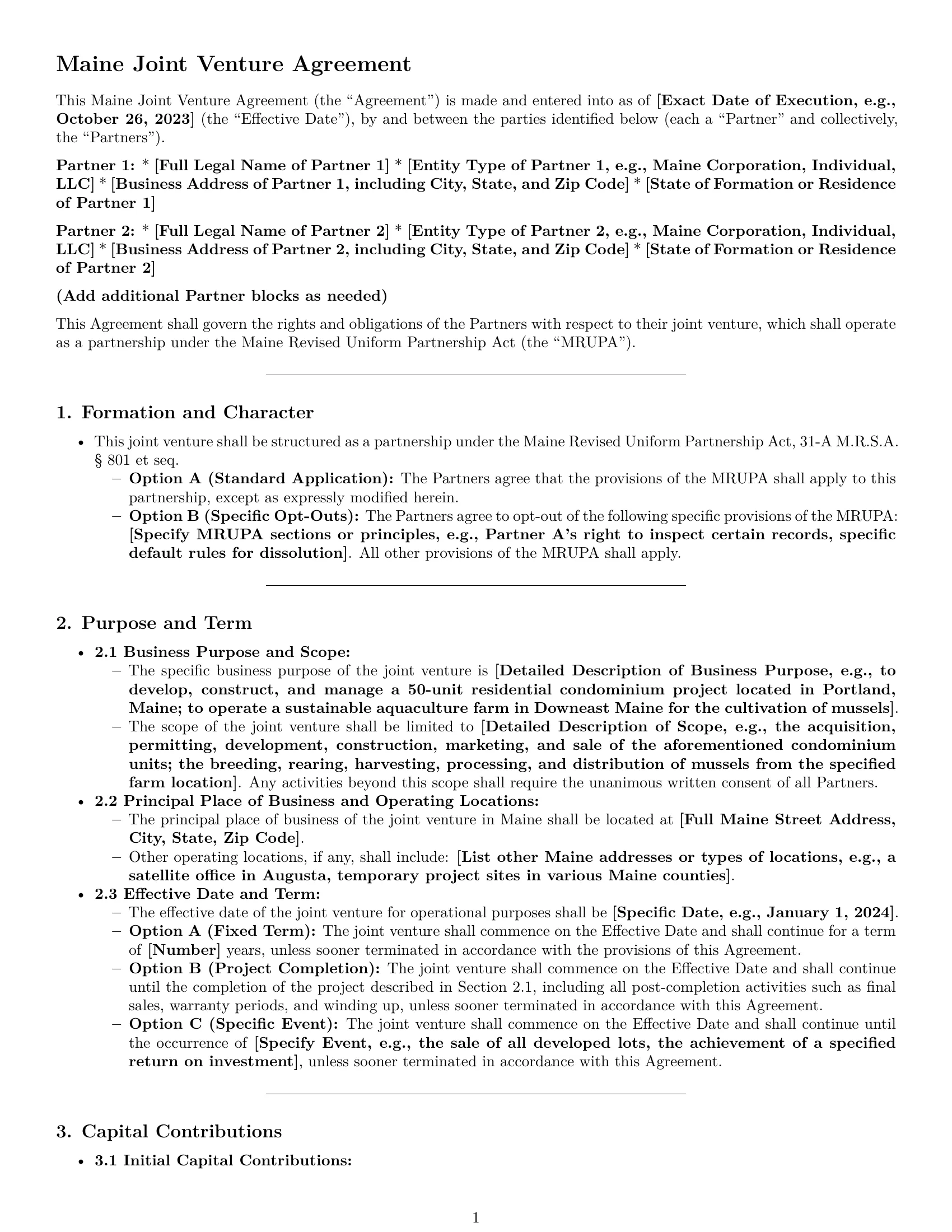 Preview page 1 of Pro Maine joint venture agreement template