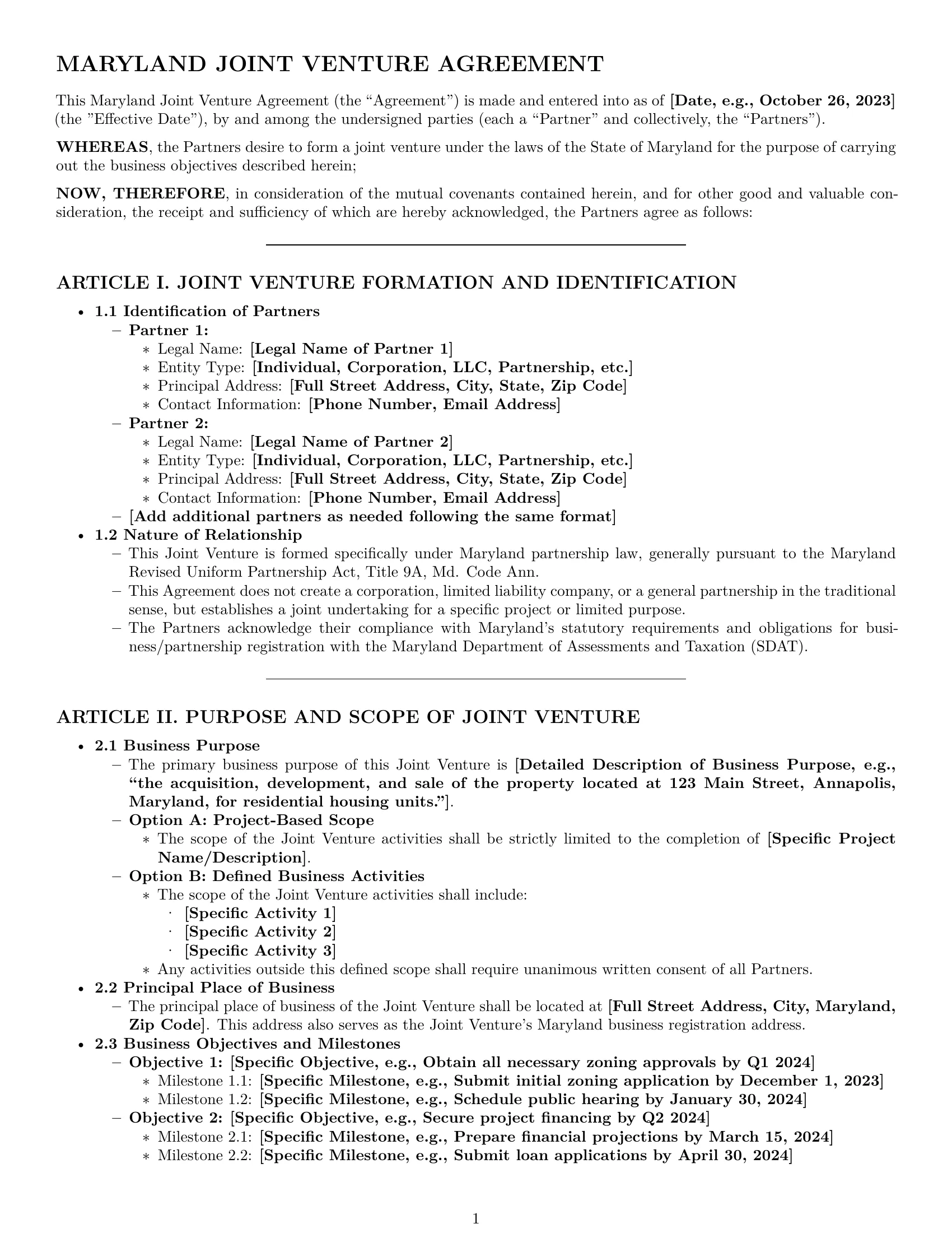 Preview page 1 of Pro Maryland joint venture agreement template