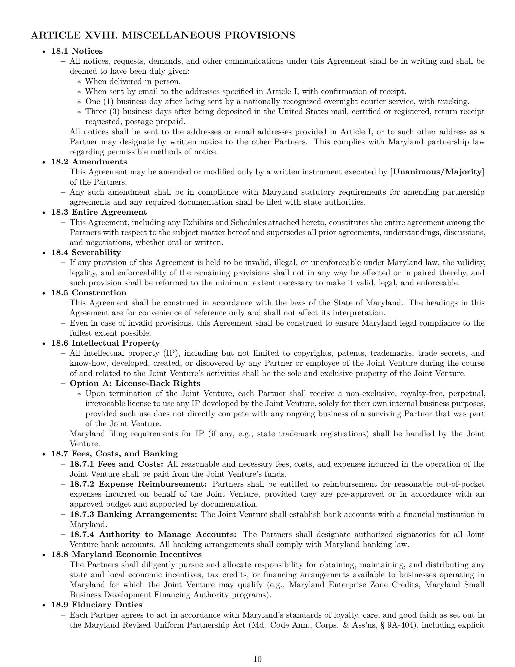 Preview page 10 of Pro Maryland joint venture agreement template