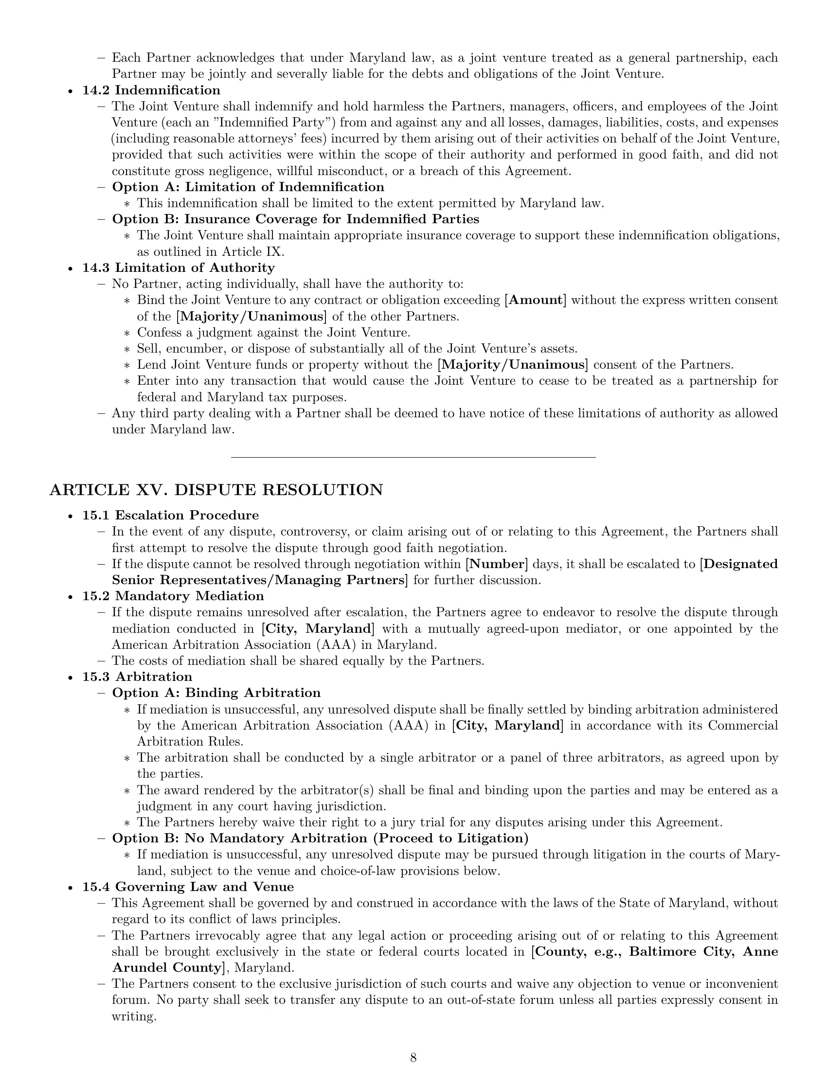 Preview page 8 of Pro Maryland joint venture agreement template