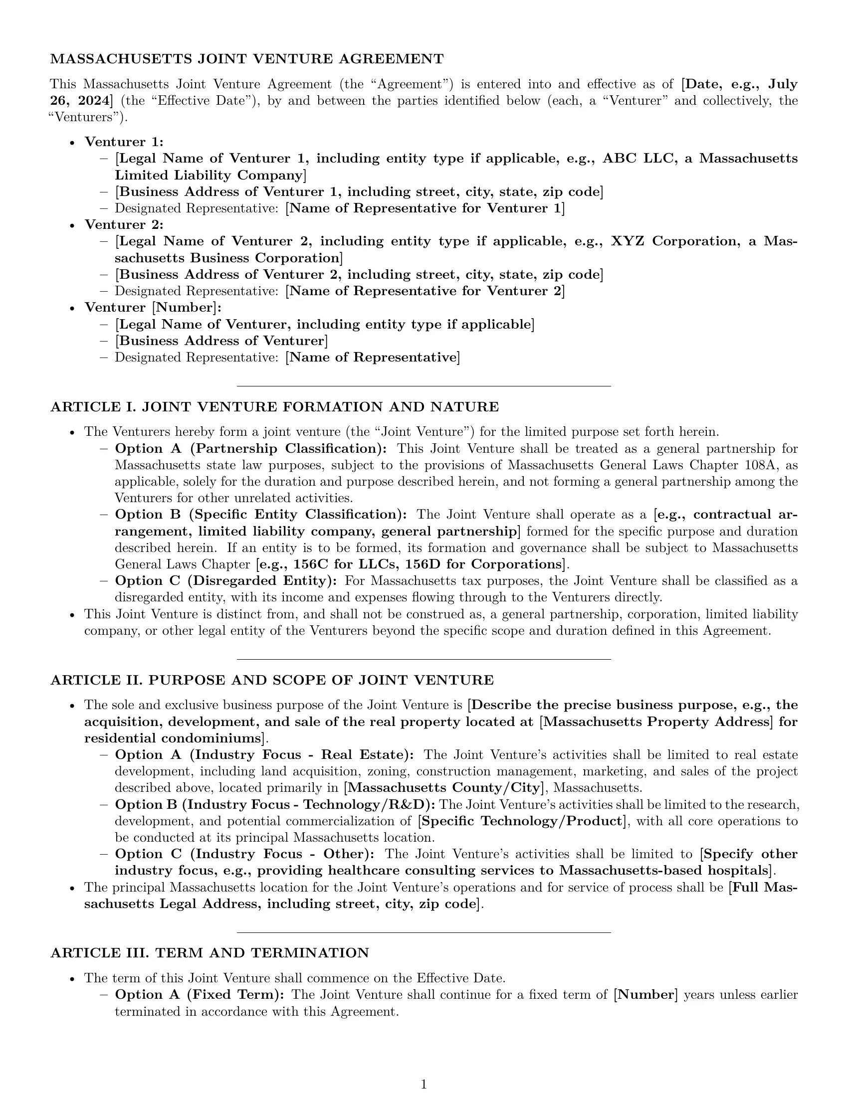 Preview page 1 of Pro Massachusetts joint venture agreement template