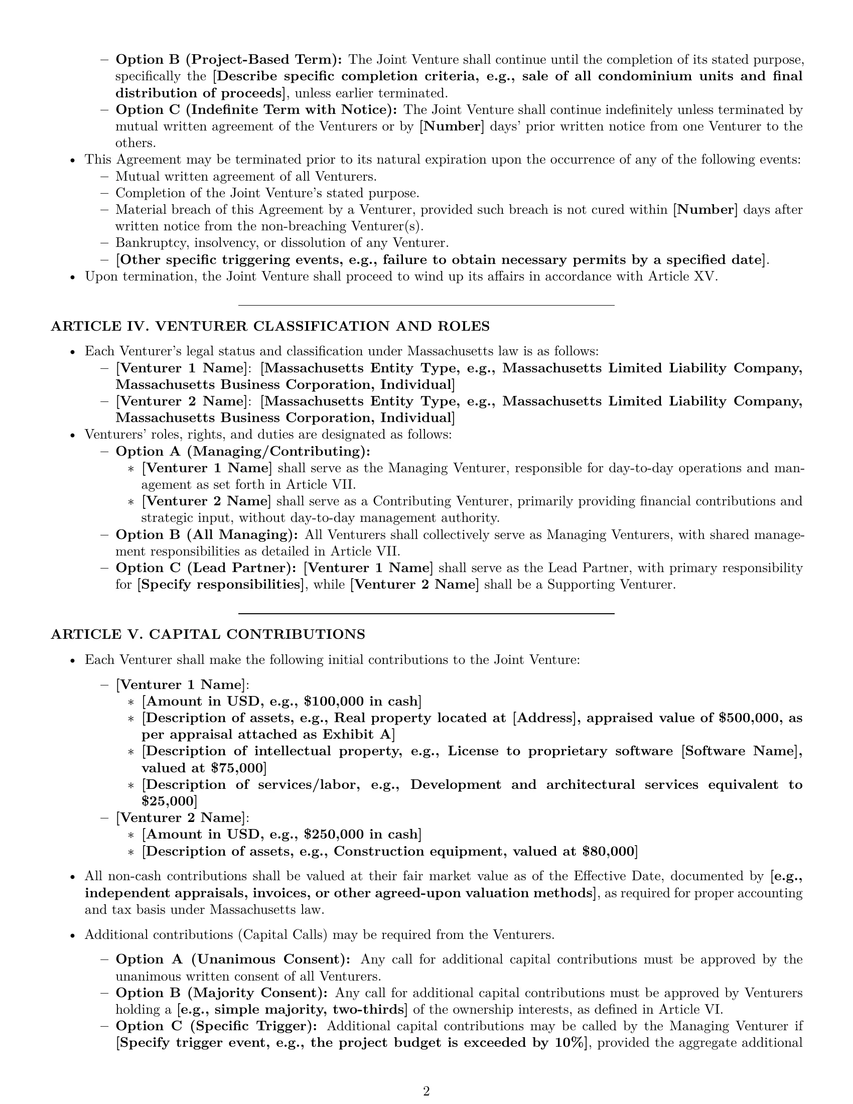Preview page 2 of Pro Massachusetts joint venture agreement template