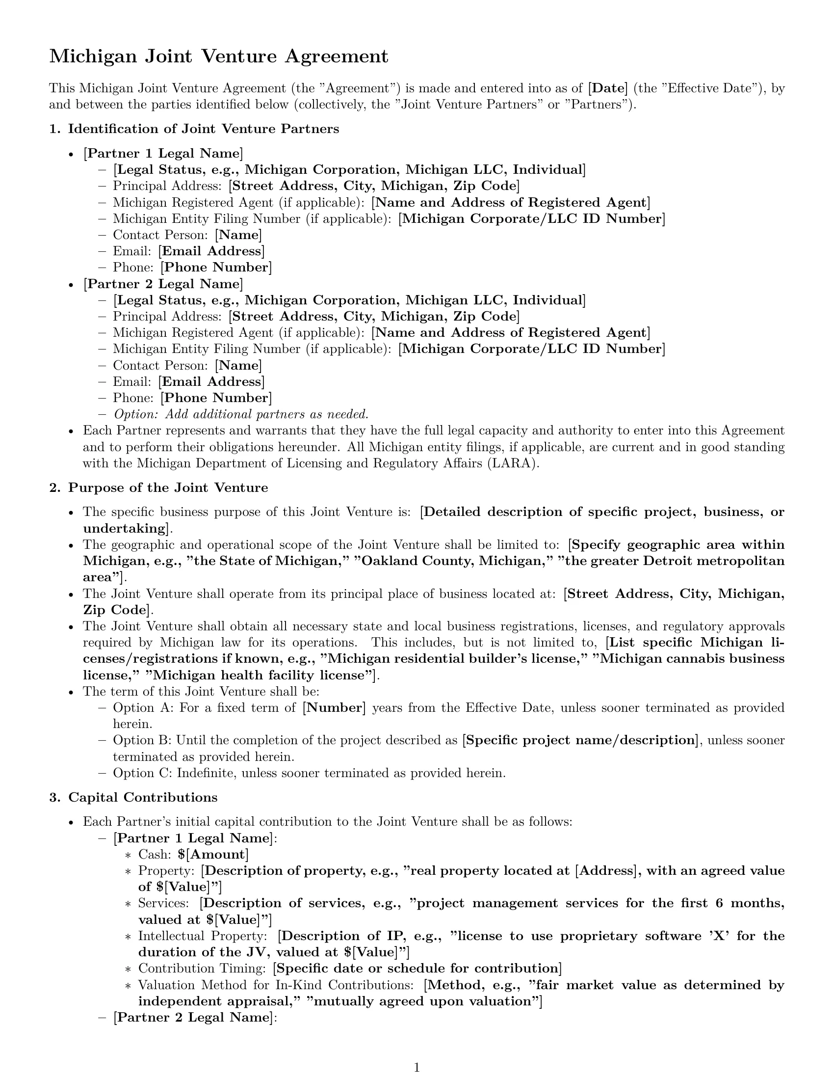 Preview page 1 of Pro Michigan joint venture agreement template