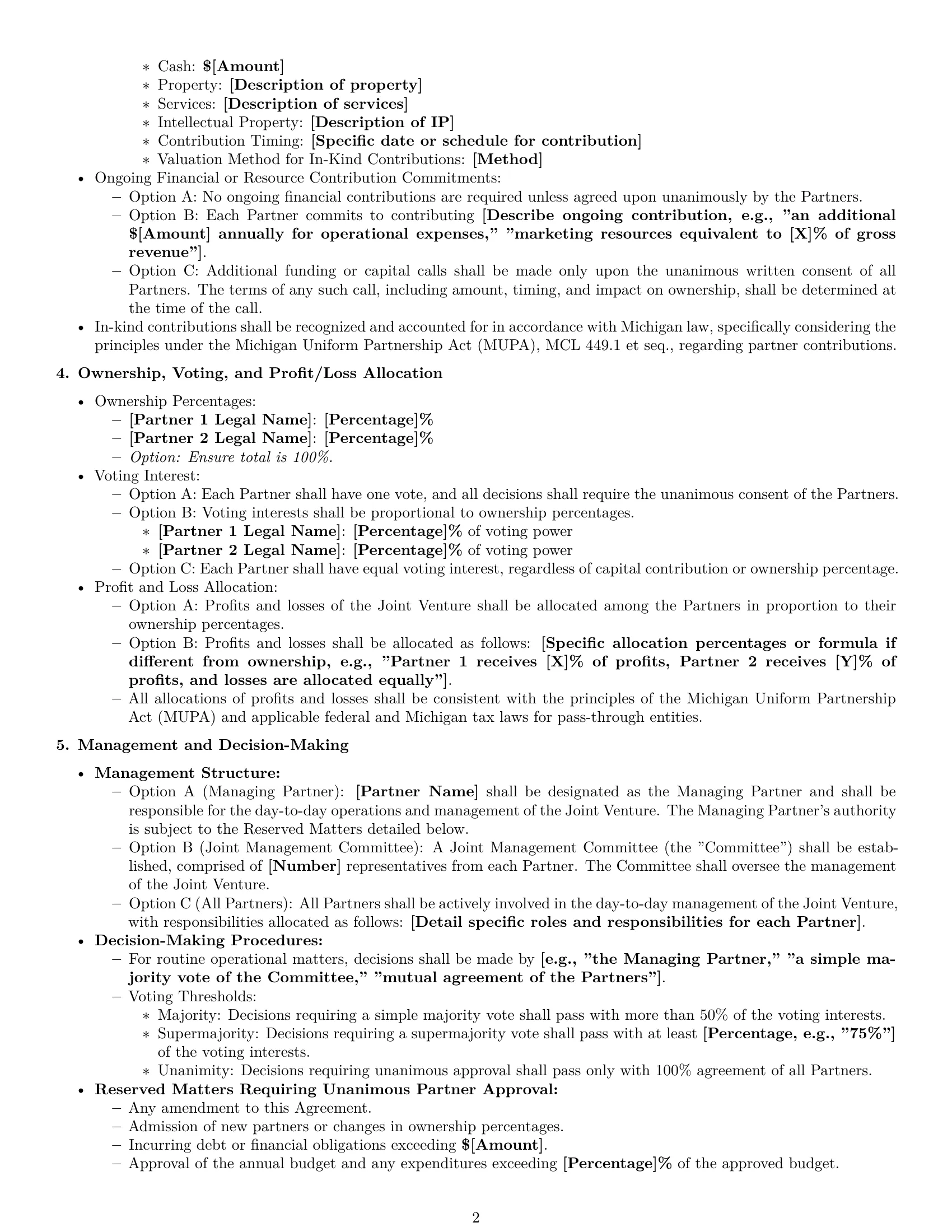 Preview page 2 of Pro Michigan joint venture agreement template
