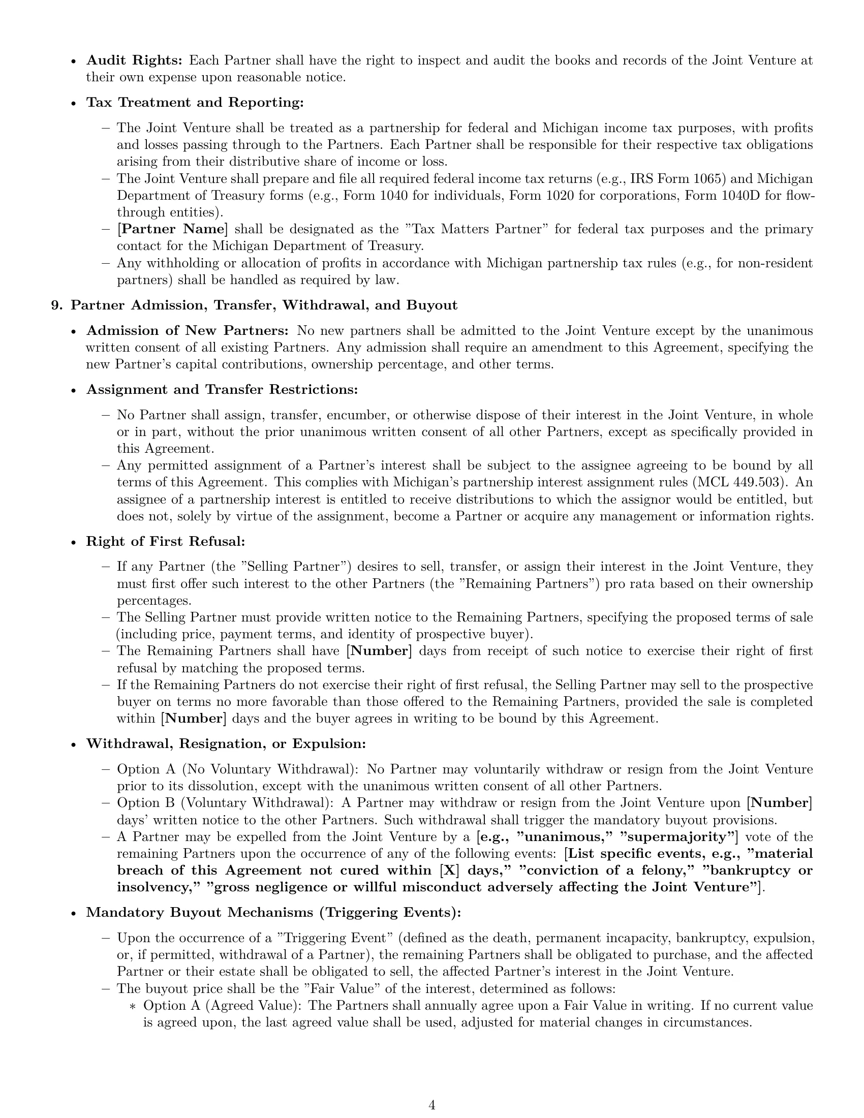 Preview page 4 of Pro Michigan joint venture agreement template