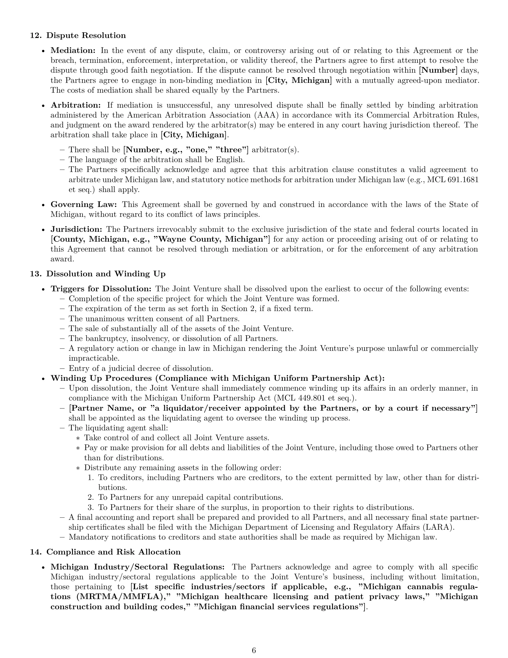 Preview page 6 of Pro Michigan joint venture agreement template