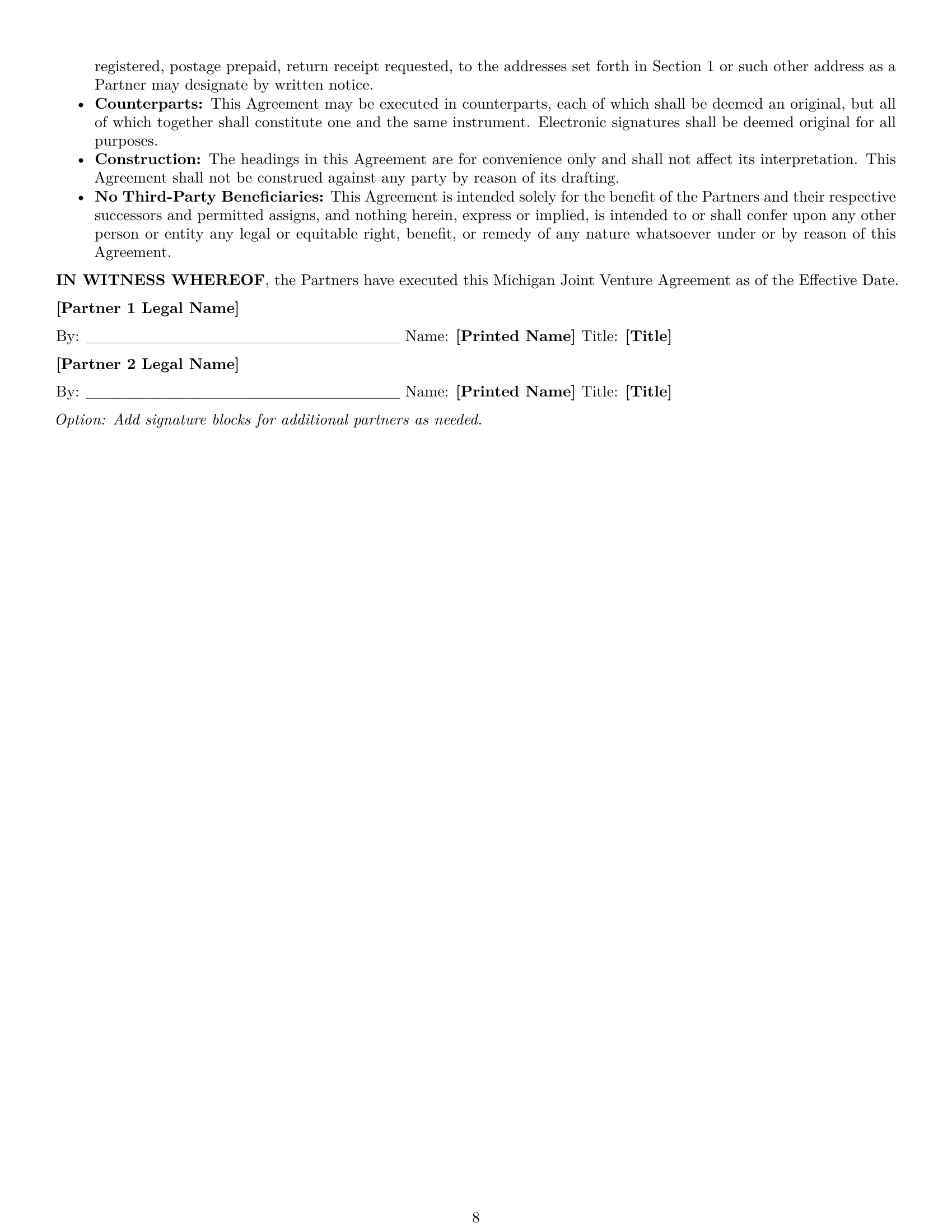 Preview page 8 of Pro Michigan joint venture agreement template